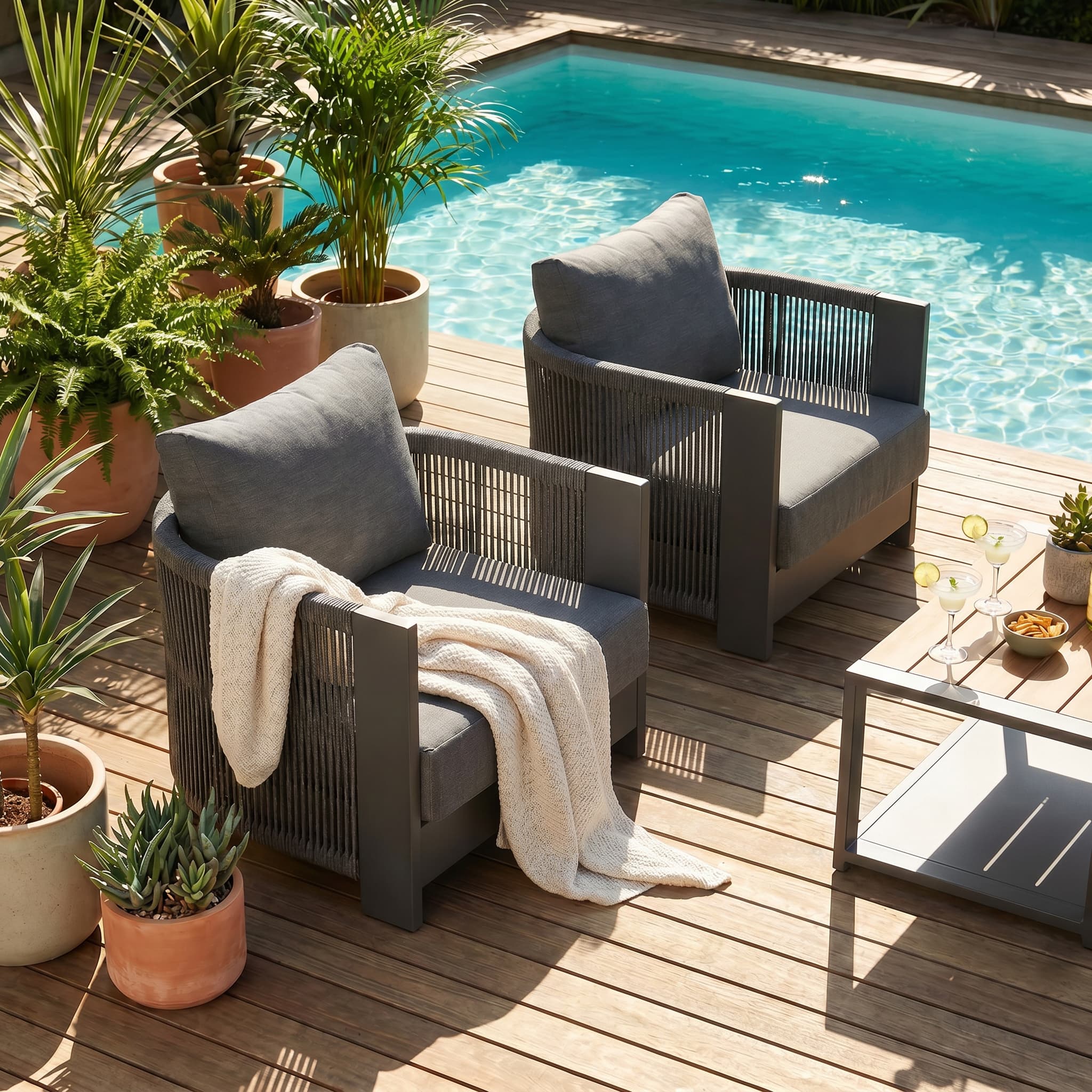 Irati Aluminum and Rope Outdoor Lounge Chair, Dark Grey, Thick Cushion
