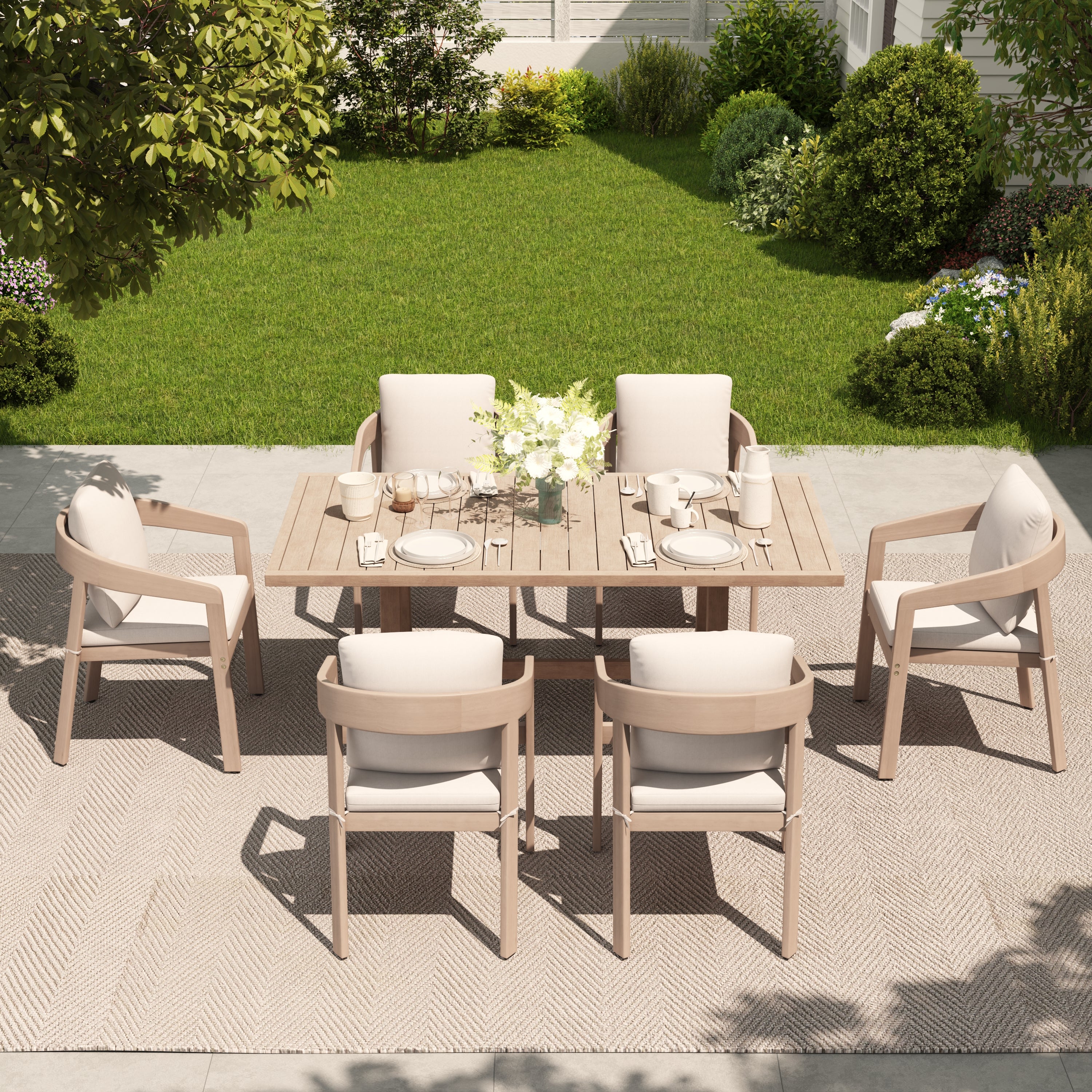 Drift Wooden Outdoor Dining Set with White Cushion for 6 People, 67''