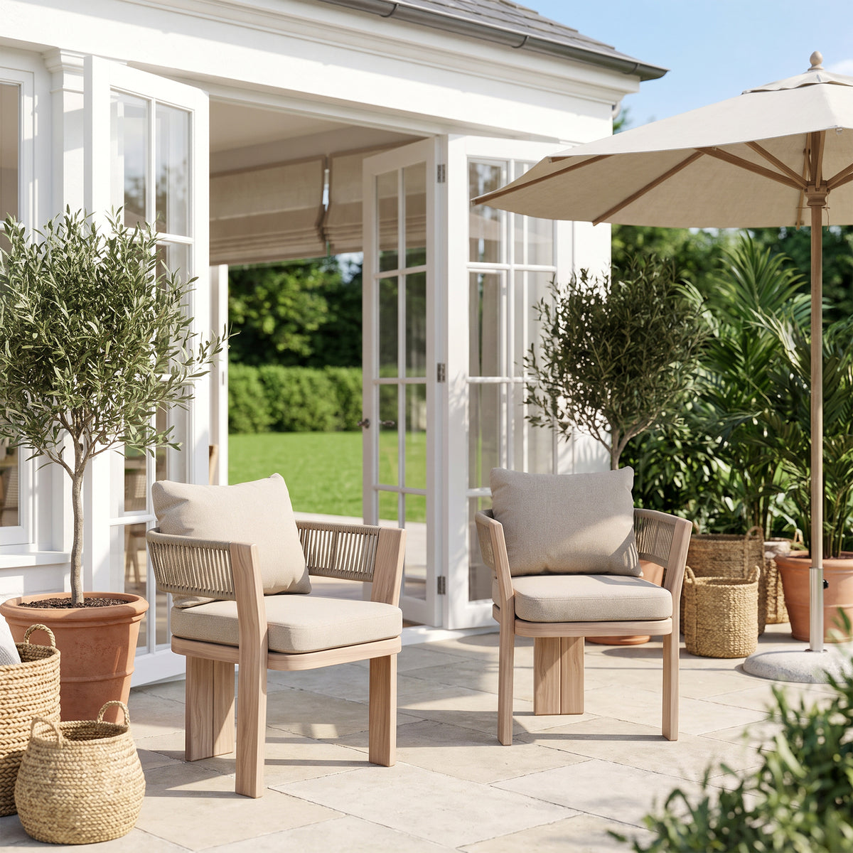 Bosa Wood-Look Aluminum Outdoor Dining Chair, Woven Rope with Olefin Cushion, Set of 2/4/6