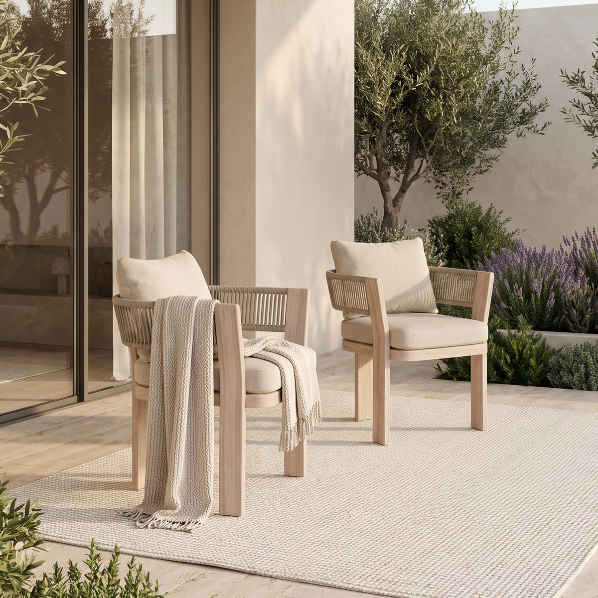 Bosa Wood-Look Aluminum Outdoor Dining Chair, Woven Rope with Olefin Cushion, Set of 2/4/6