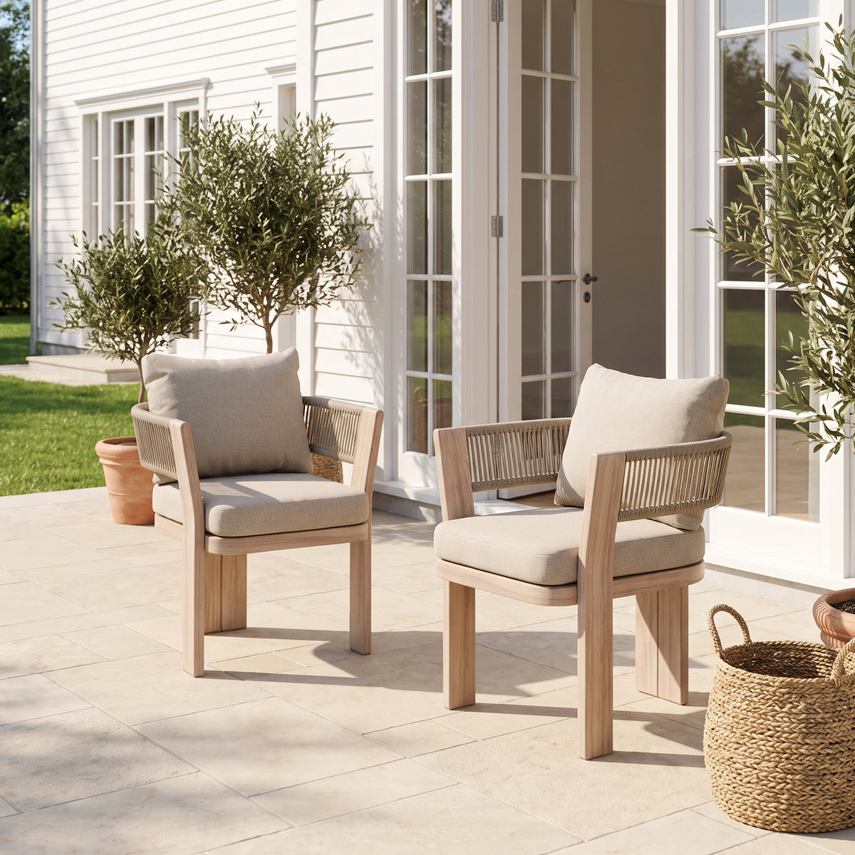 Bosa Wood-Look Aluminum Outdoor Dining Chair, Woven Rope with Olefin Cushion, Set of 2/4/6