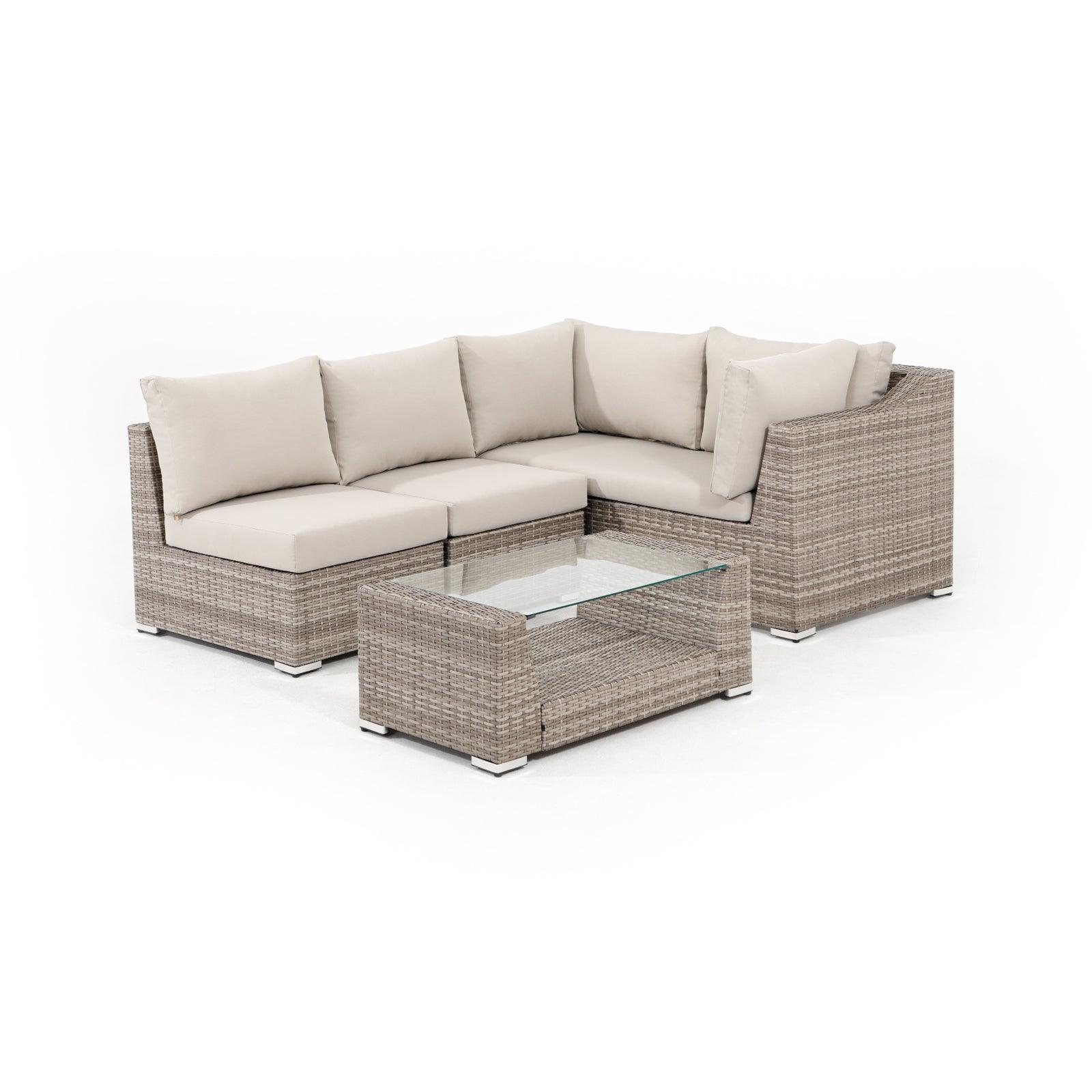 Elba Modern Wicker Outdoor Furniture, Grey Rattan Outdoor Sectional Sofa Set with grey cushions, 1 two-seater sofa, 2 single armless sofas, 1 rectangular coffee table with glass tabletop- Jardina Furniture