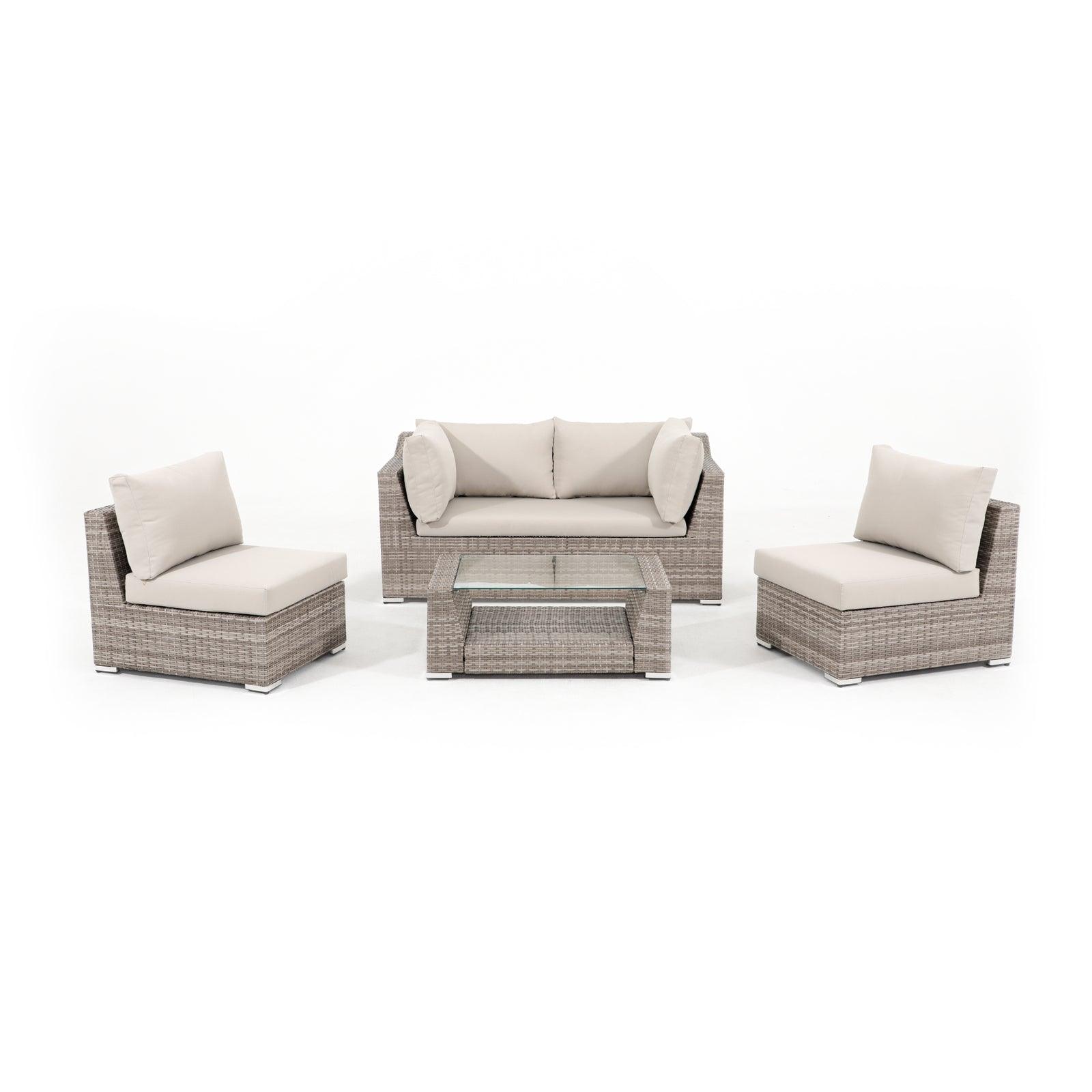 Elba Grey Rattan two-seater sofa, 2 single armless sofas, 1 rectangular coffee table with glass tabletop- Jardina Furniture