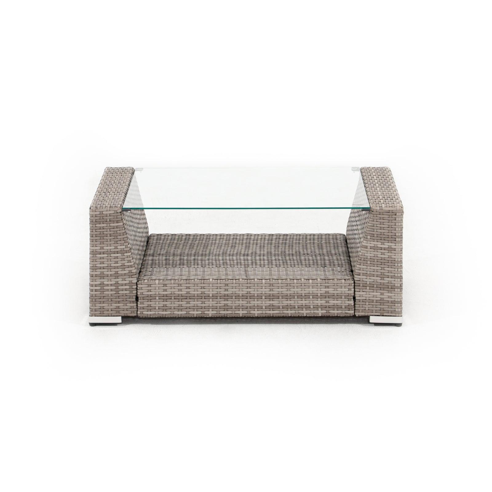 Elba grey rattan u-shaped outdoor coffee table with glass tabletop, front view- Jardina Furniture