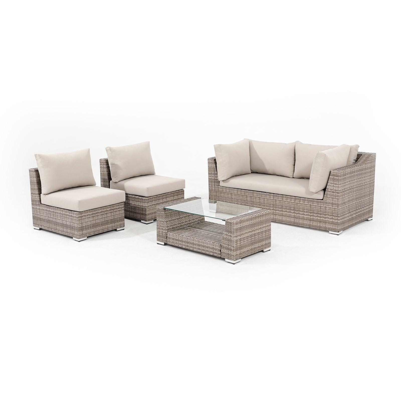 Elba Grey Rattan Outdoor Sectional Sofa Set with grey cushions, 1 two-seater sofa, 2 single armless sofas, 1 rectangular coffee table with glass tabletop, Side view  - Jardina Furniture