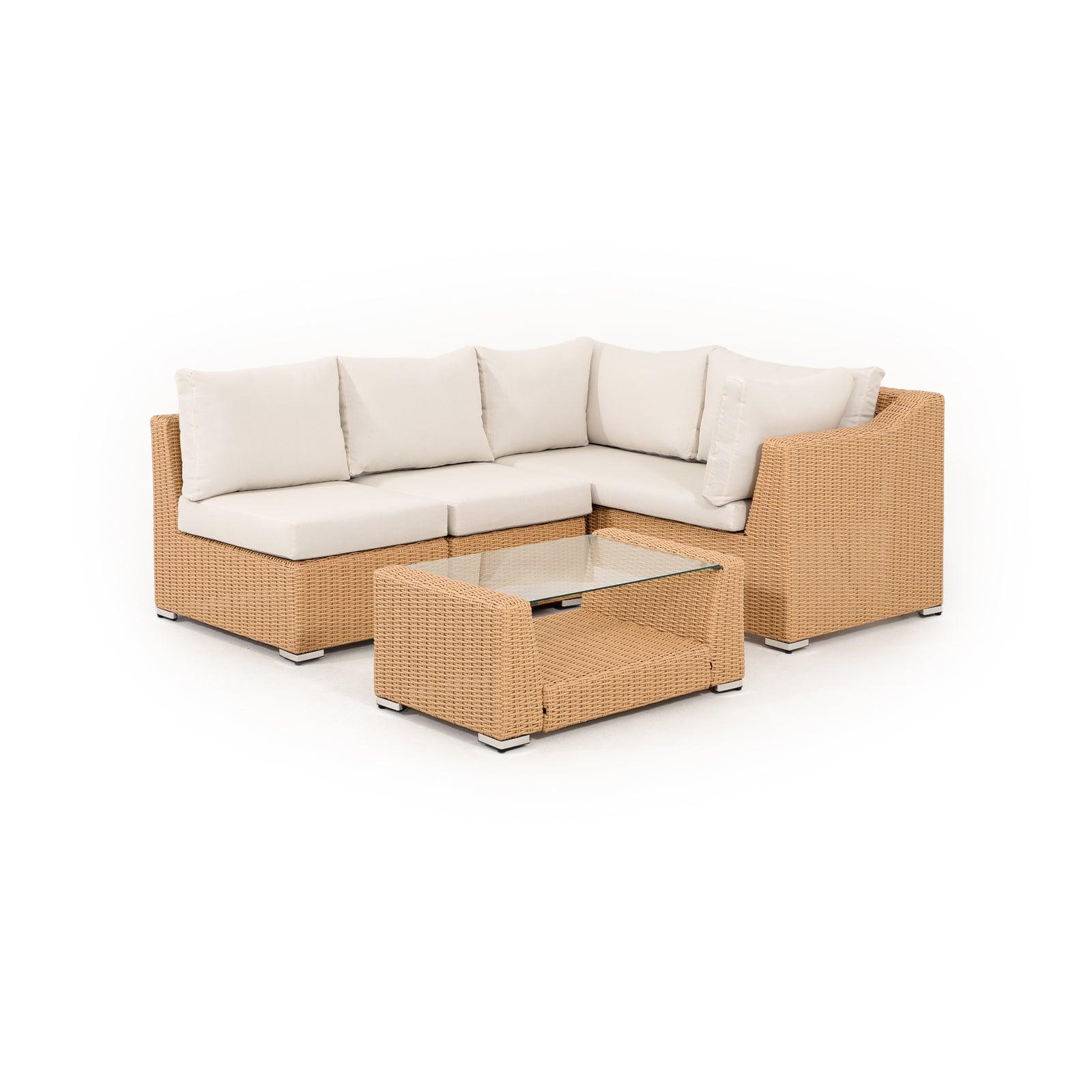 Elba Modern Wicker Outdoor Furniture, natural color Rattan Outdoor Sectional Sofa Set with beige cushions, 1 two-seater sofa, 2 single armless sofas, 1 rectangular coffee table with glass tabletop- Jardina Furniture