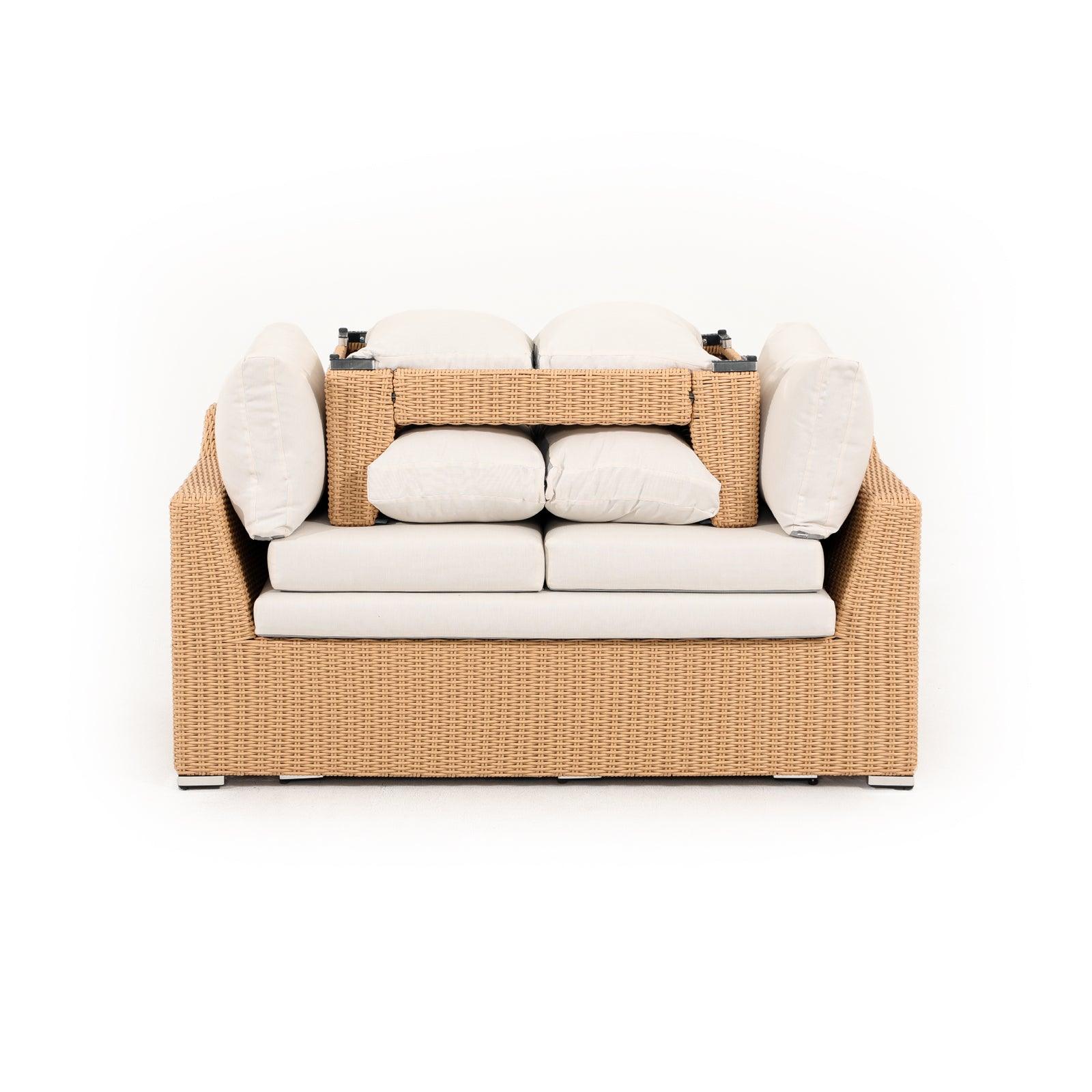 Elba natural color rattan outdoor sectional sofa set with beige cushions, 1 two-seater sofa, 2 Single Sofas, 1 table, stackable design- Jardina Furniture