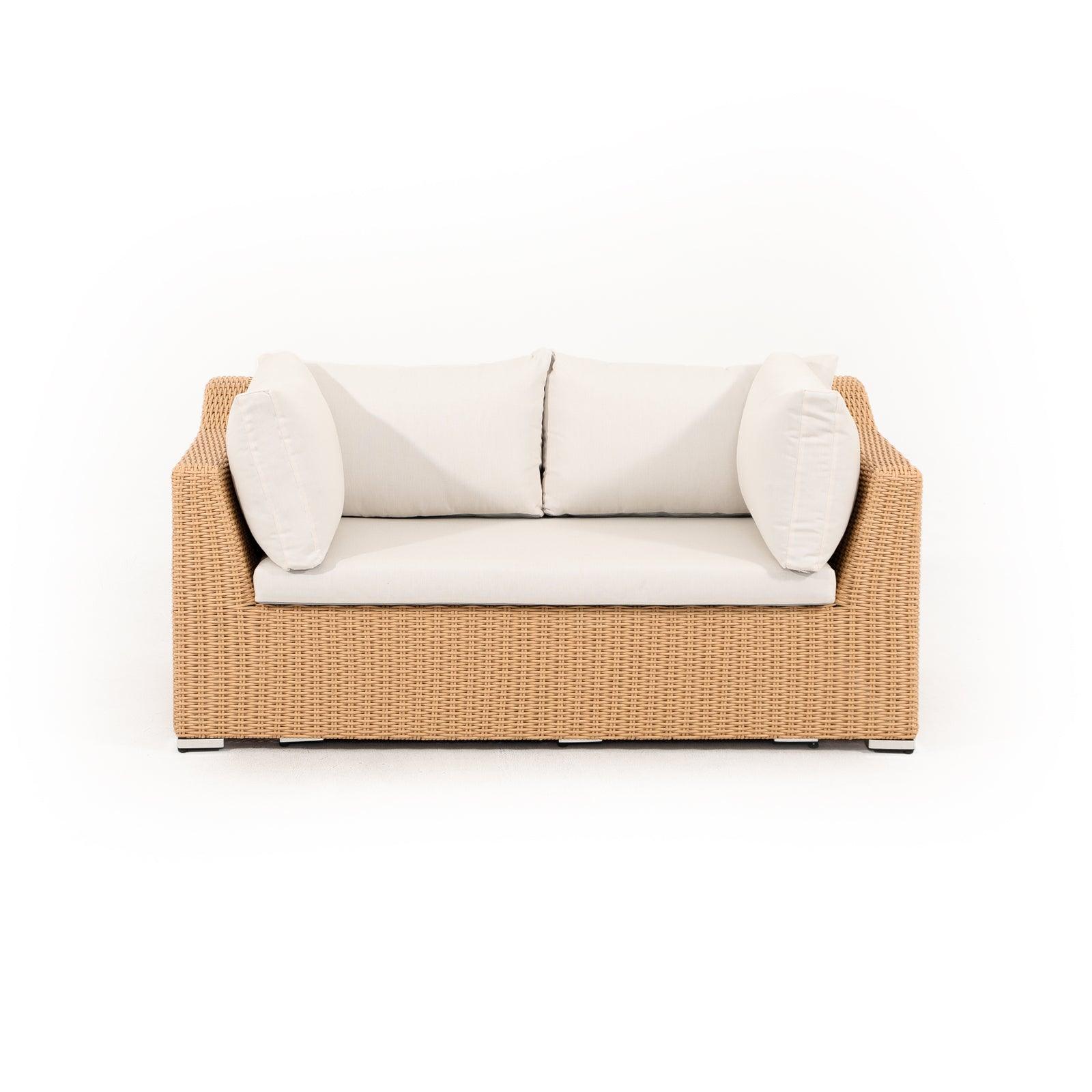 Elba natural color rattan outdoor loveseat with beige cushions, front - Jardina Furniture