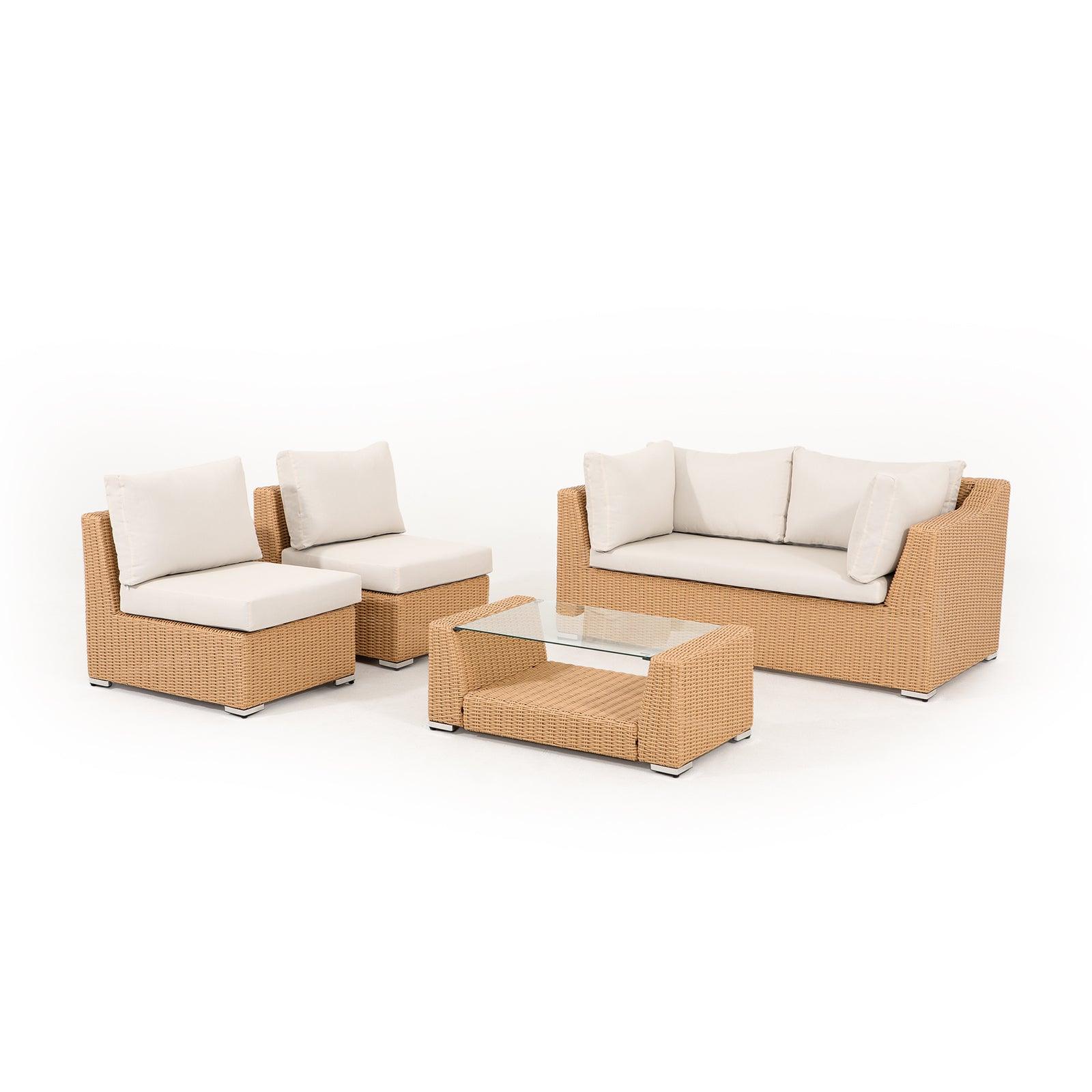 Elba natural color Sectional Rattan outdoor Sofa Set, Light beige cushions, 1 two-seater sofa, 2 Single Sofa, 1 table - Jardina Furniture - 2
