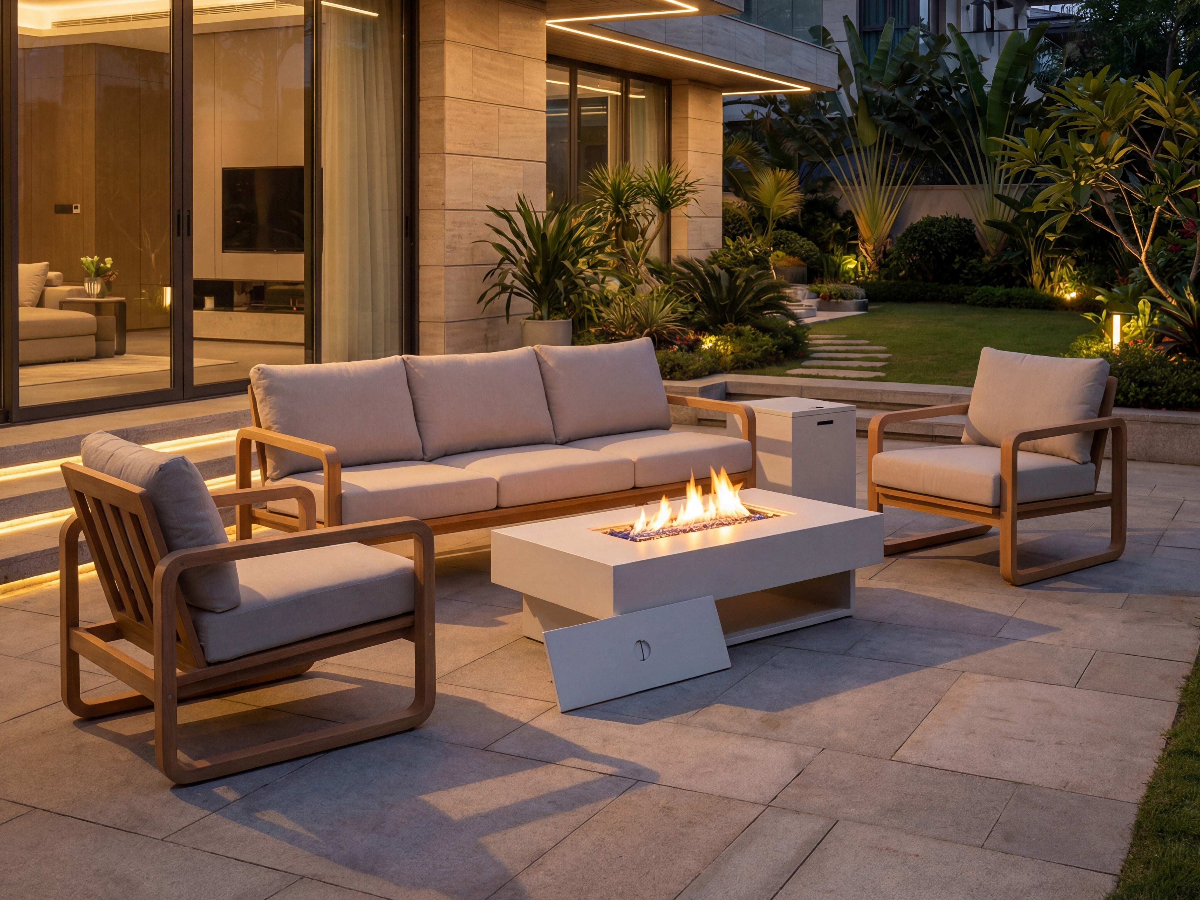 Amaya 4-Piece Wood Outdoor Sofa Set, with Fire Pit Table, Olefin Cushion