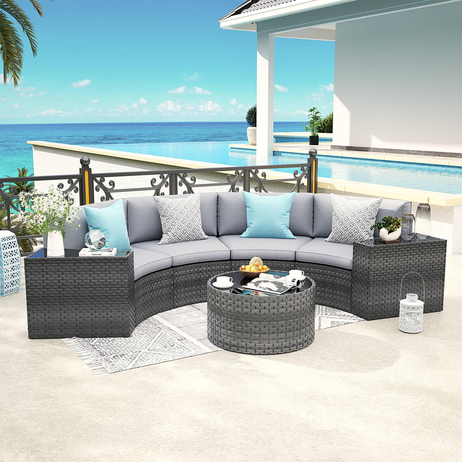 Boboli 7-piece Grey Wicker Curved Sectional Set with grey cushions, 1 Round Glass Table + 2 glass top side tables + 4 sectional sofas, front- Jardina Furniture #color_Grey