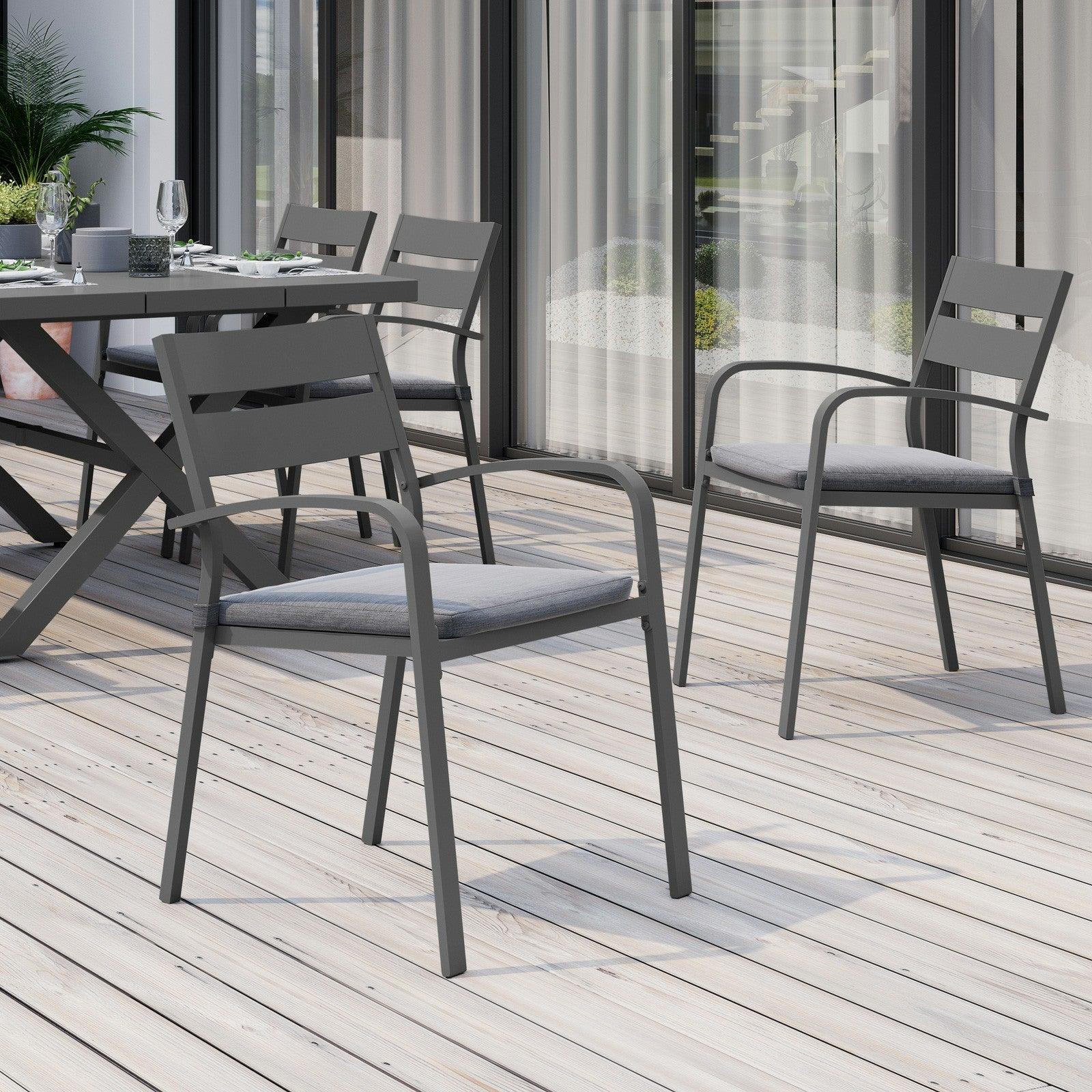 Salina 2 piece grey outdoor Stackable Metal Dining Chairs, grey cushions - Jardina Furniture#color_Dark Grey