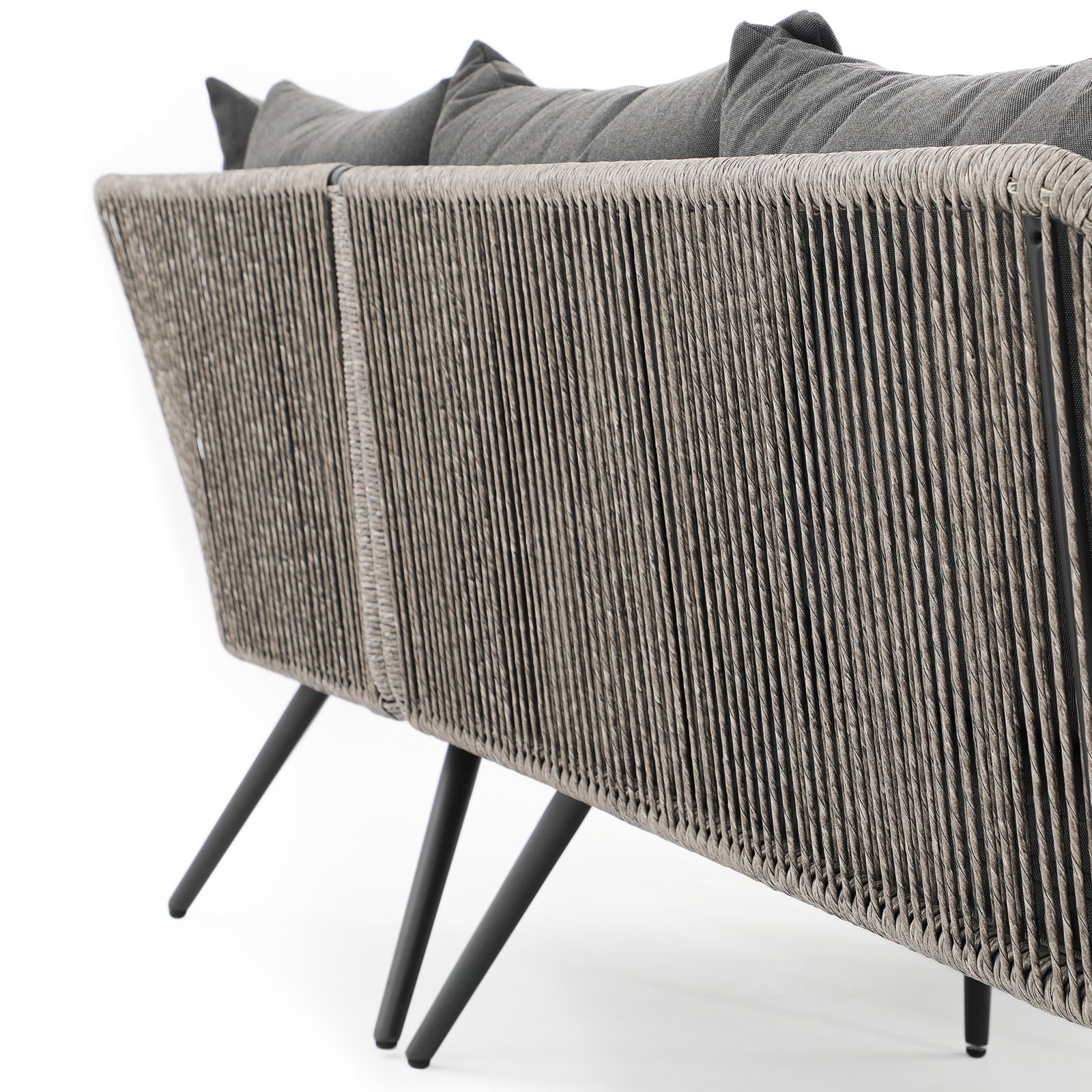 Hallerbos black outdoor rattan three-seater sofa with steel frame, grey cushion, rattan detail - Jardina Furniture#Color_Grey