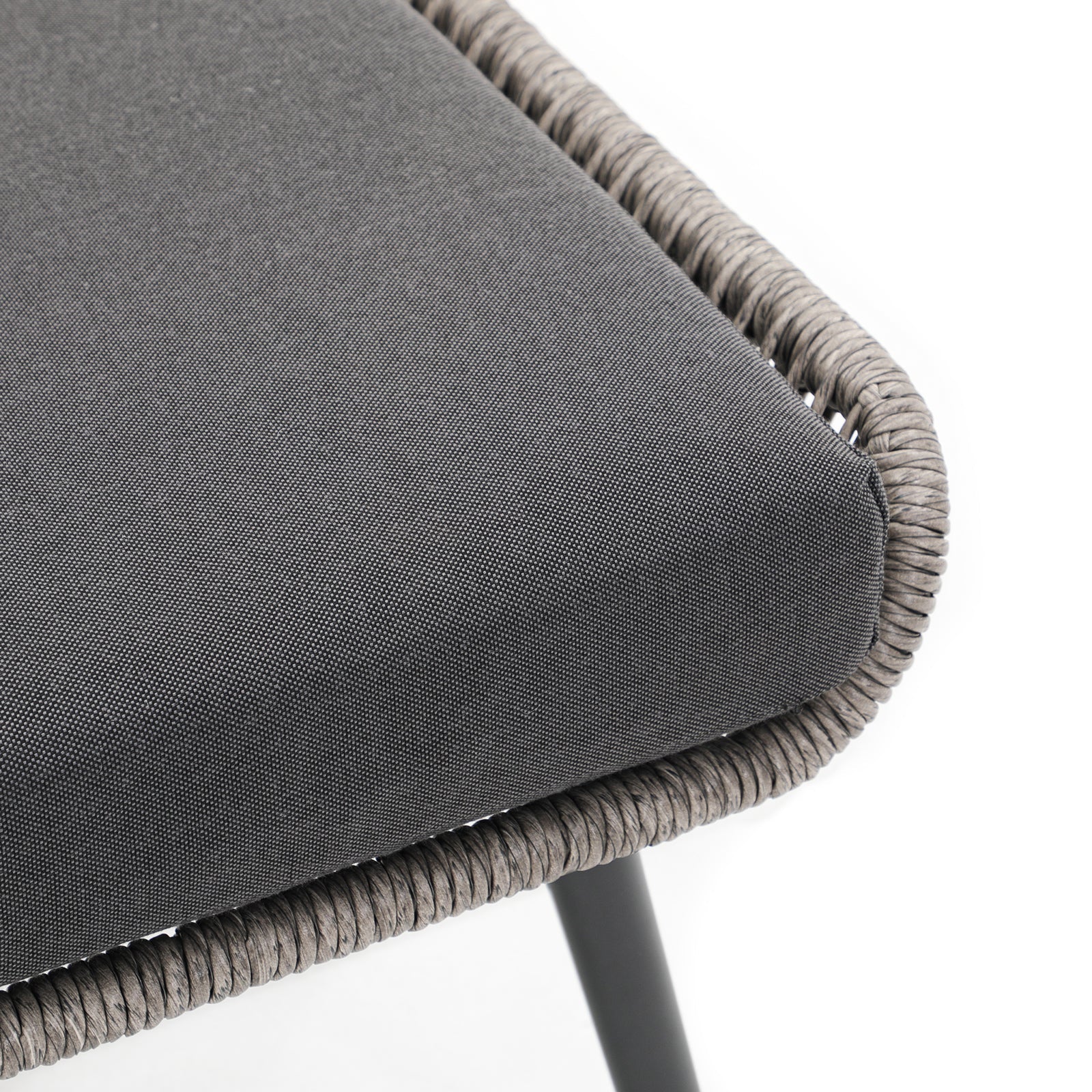 Hallerbos black outdoor rattan ottoman with steel frame, grey cushion, cushion detail - Jardina Furniture#Color_Grey