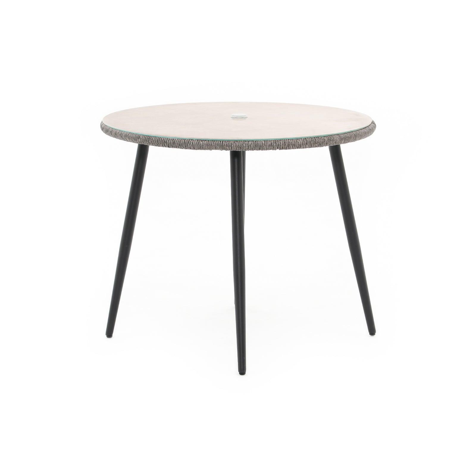Hallerbos Outdoor Round Dining Table with umbrella hole and steel frame, grey rattan design, front - Jardina Furniture#Color_Grey