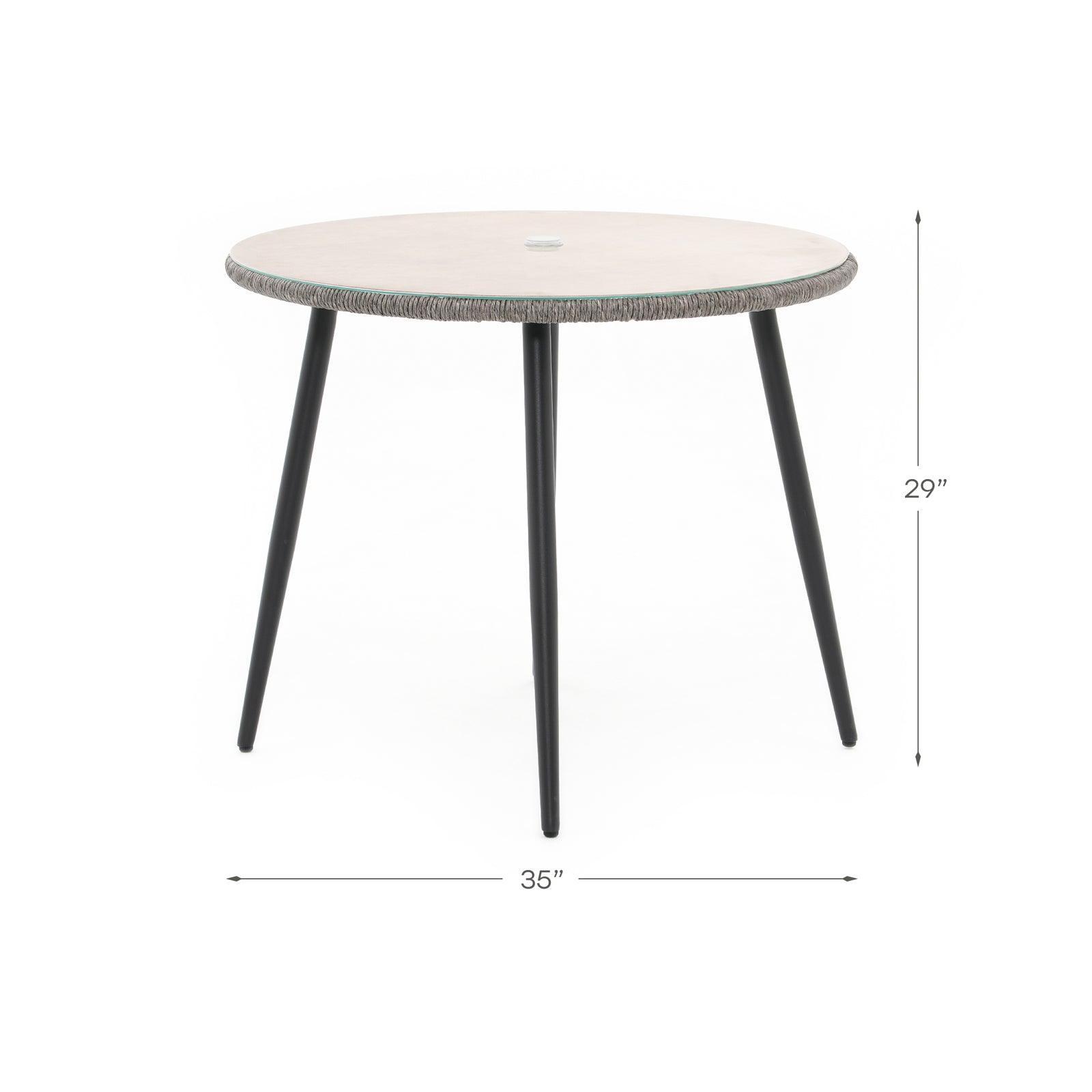 Hallerbos Outdoor Round Dining Table with umbrella hole and steel frame, rattan design, dimension info - Jardina Furniture#Color_Grey