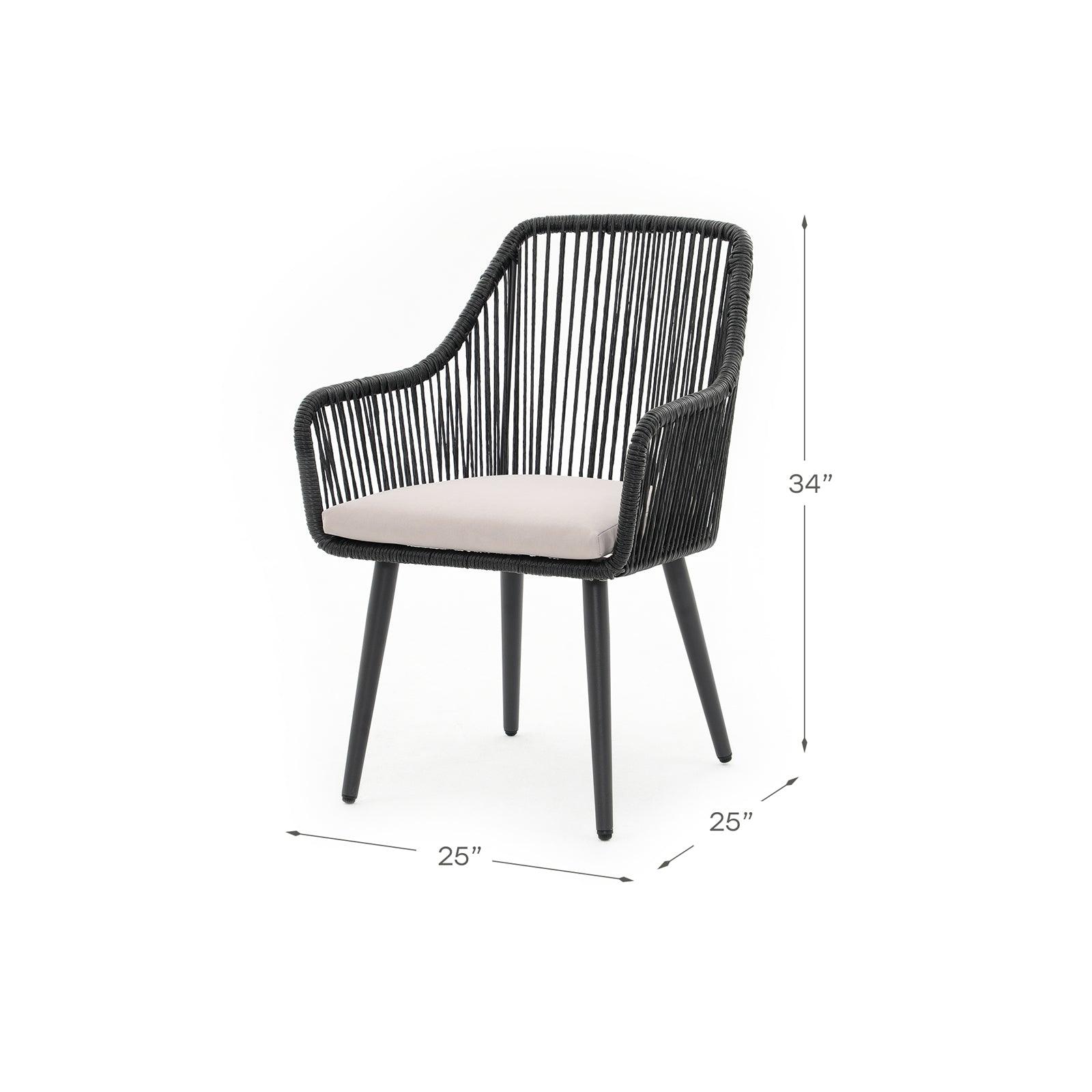 Hallerbos black rattan Dining Chair with steel frame and cushion, dimension info- Jardina Furniture#Color_Black