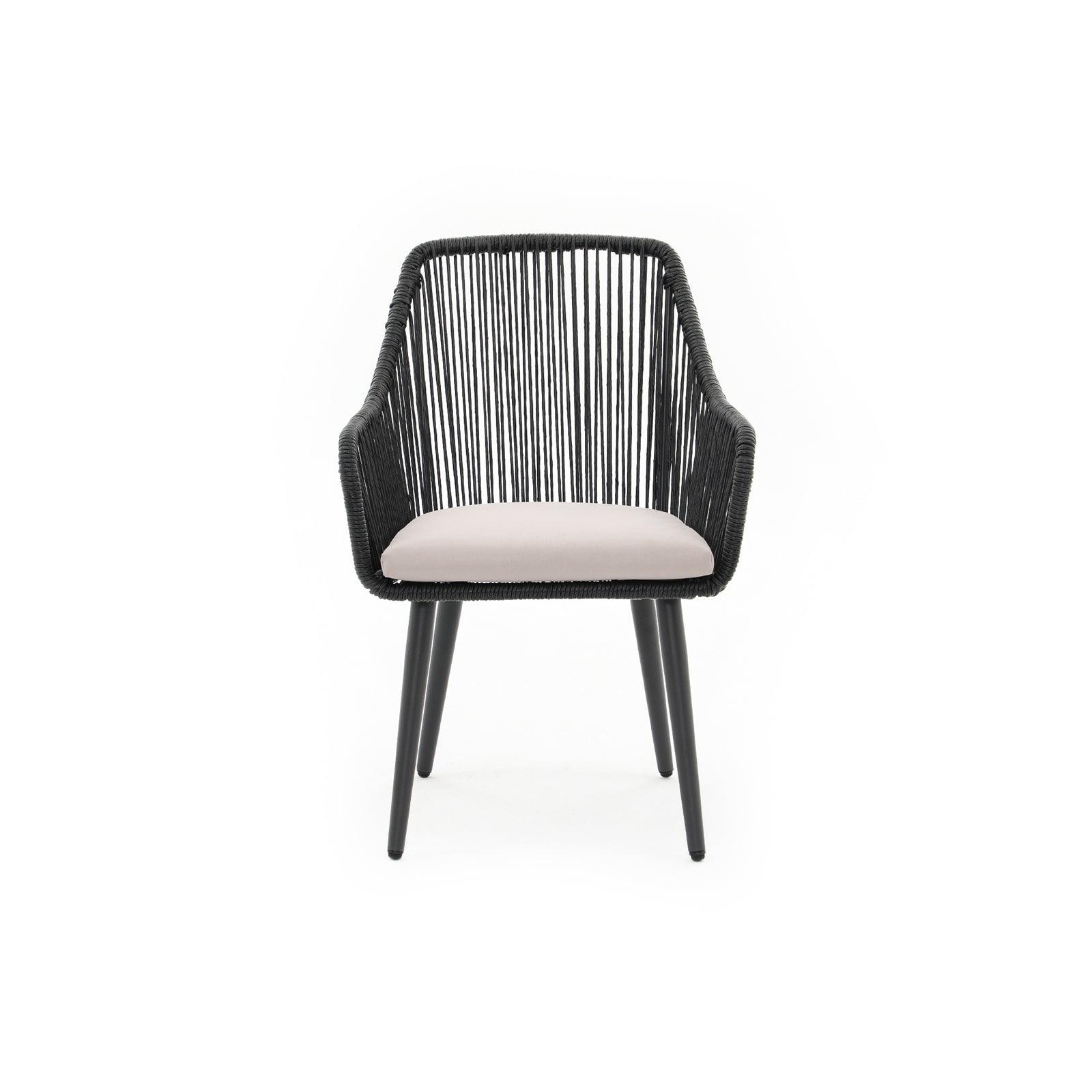 Hallerbos black rattan Dining Chair with steel frame and beige cushion, front view- Jardina Furniture#Color_Black