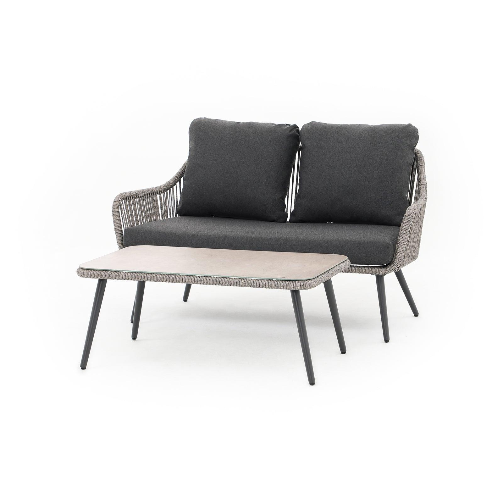 Hallerbos outdoor loveseat set with steel frame and grey twisted rattan design, 1 loveseat with dark grey cushions, 1 rectangle coffee table, side view - Jardina Furniture#Color_Grey