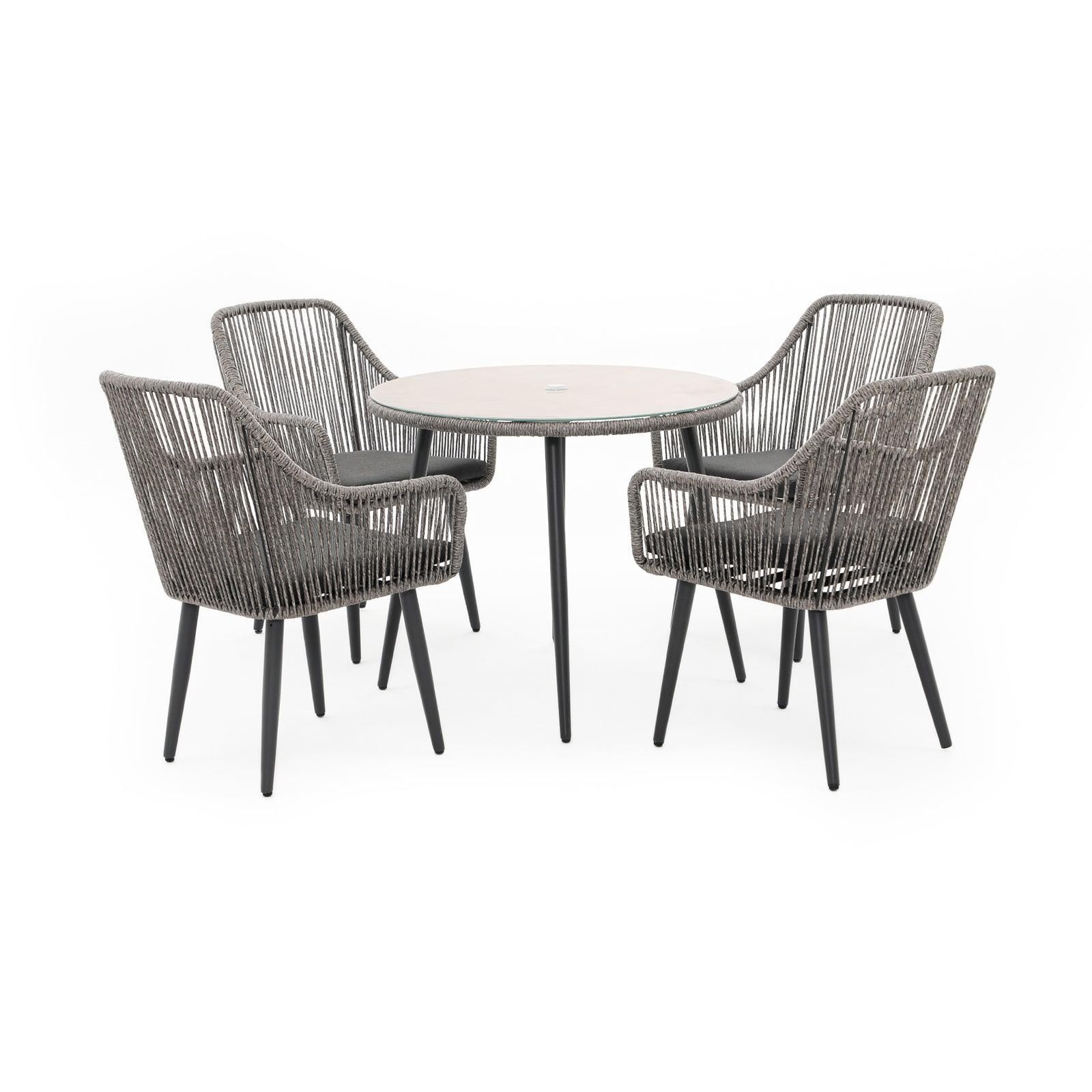 Hallerbos grey wicker outdoor Dining Set for 4 with steel frame, dark grey cushions; 1 Round Dining Table with umbrella hole, 4 dining chairs- Jardina Furniture#Color_Grey