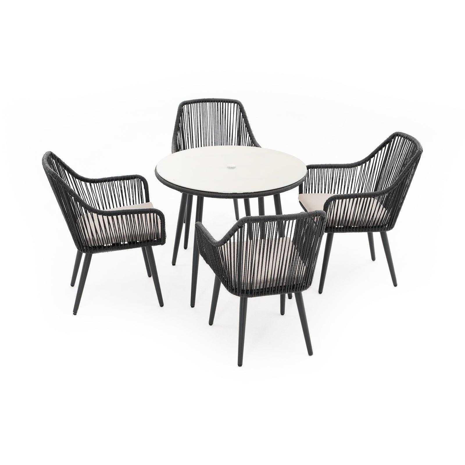 Hallerbos black 5-piece outdoor Dining Set with steel frame, beige cushion, 1 Round Dining Table, 4 dining chairs - Jardina Furniture - 1#Color_Black