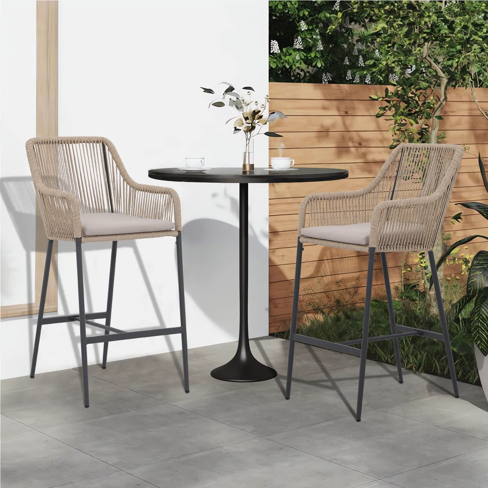 Hallerbos Wicker Bar Stools with Cushions, Set of 2