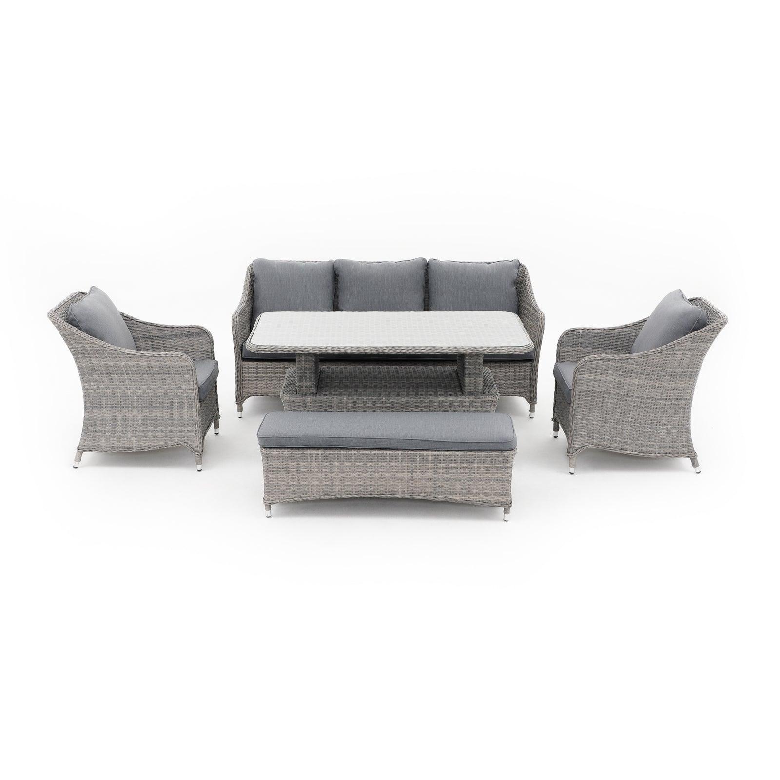 Irati 5-Piece grey wicker outdoor seating set with aluminum frame, grey cushions, 1 three-seater sofa, 2 dining chairs , 1 ottoman, 1 lift top table - Jardina Furniture#color_Grey