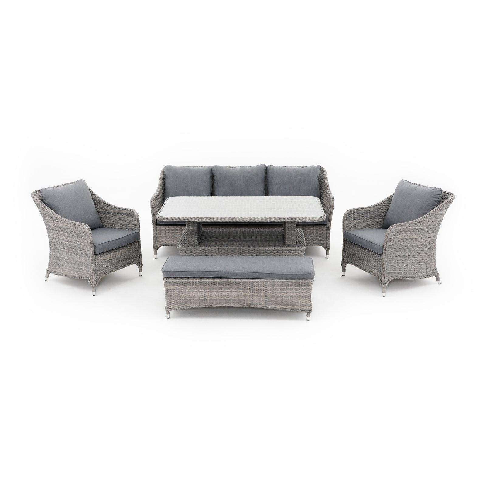 Irati 5-Piece grey wicker outdoor dining set with aluminum frame, grey cushions, 1 three-seater sofa, 2 dining chairs , 1 ottoman, 1 lift top table - Jardina Furniture - 2#color_Grey