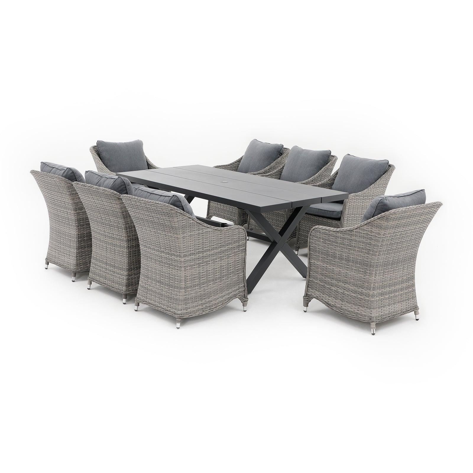 Irati grey wicker outdoor dining set with aluminum frame, grey cushions, 8 dining chairs , 1 X-shaped dining table - Jardina Furniture#color_Grey#Pieces_9-pc.