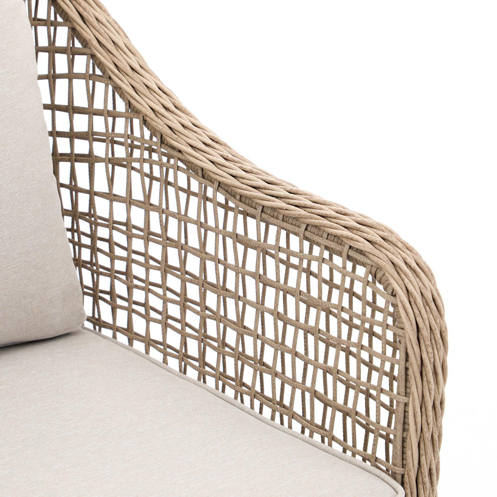 Irati natural color wicker outdoor dining chair with aluminum frame, Creamy-white cushions, wicker detail - Jardina Furniture#color_Natural