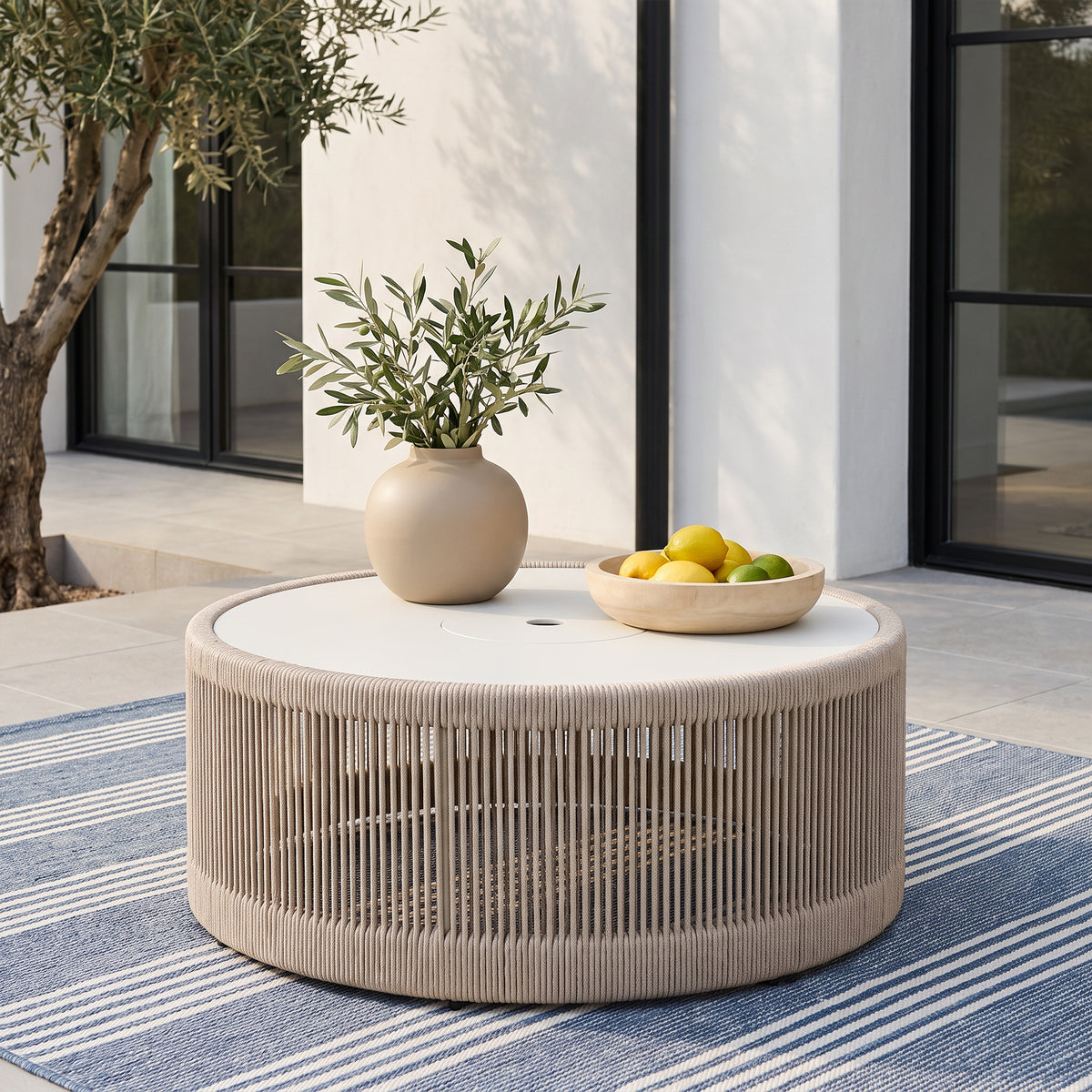 Irati Outdoor Coffee Table, Rope & Aluminum Design, Modern Patio Table, Oyster White