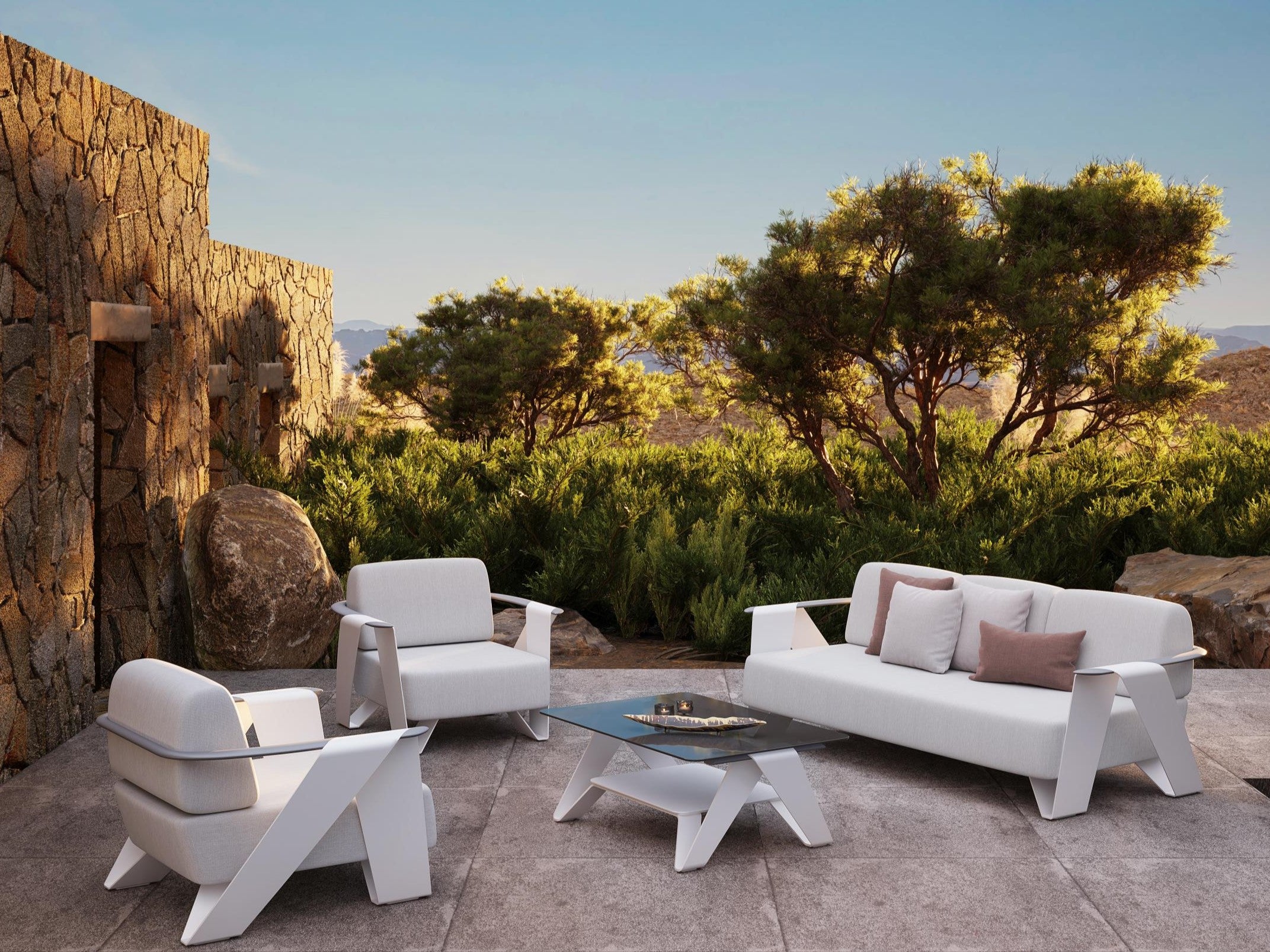 4-pcs white aluminum Outdoor conversation sofa set, white Aluminum Frame, White Cushions, a 3-seat sofa, two single sofa armchairs, a rectangular outdoor coffee table with Tempered Glass Tabletop - Jardina Premium Modern Outdoor Patio Furniture Set