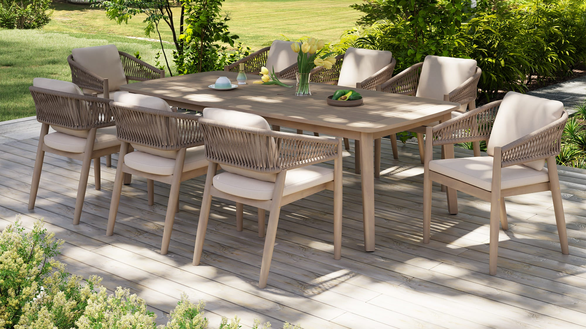 Outdoor dining set with a table and chairs on a wooden deck.