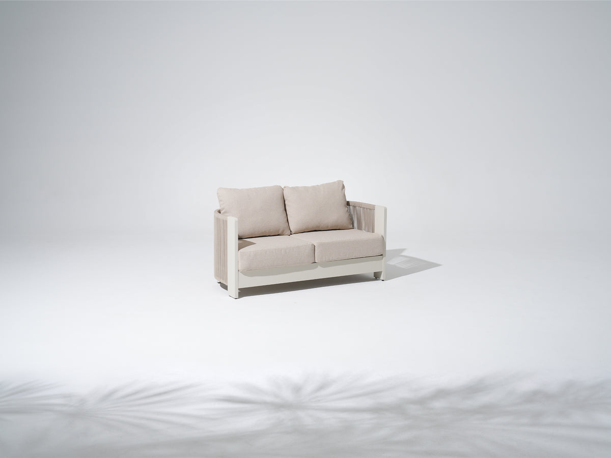 Irati Outdoor Loveseat, Rope Woven Design, Aluminum Frame, Thick Comfort Cushions, Oyster White