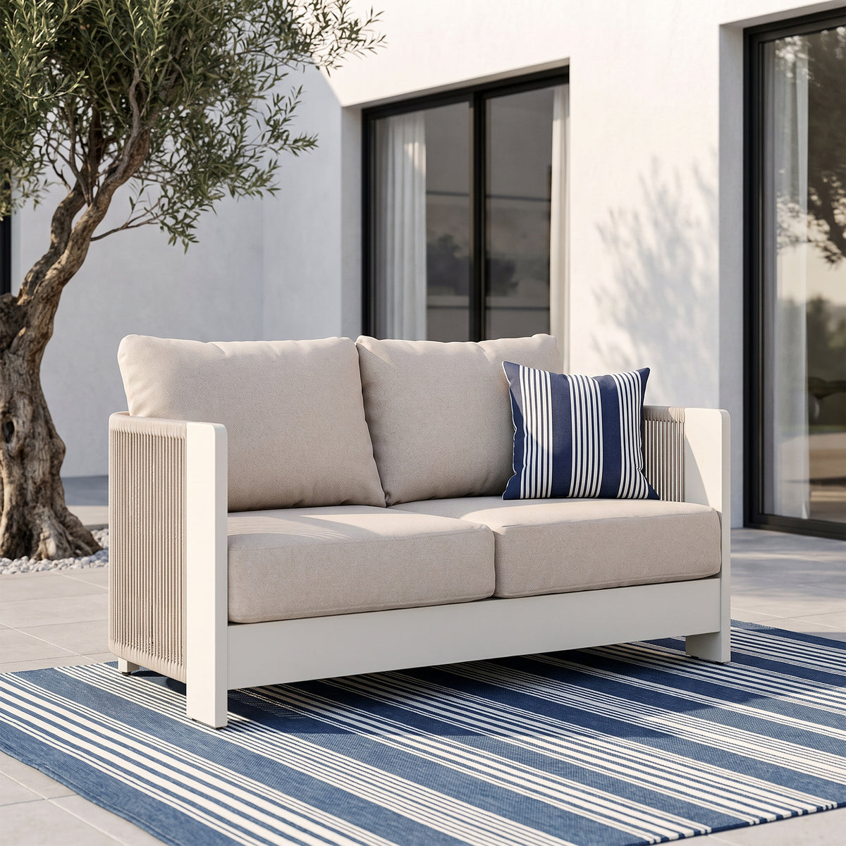 Irati Outdoor Loveseat, Rope Woven Design, Aluminum Frame, Thick Comfort Cushions, Oyster White
