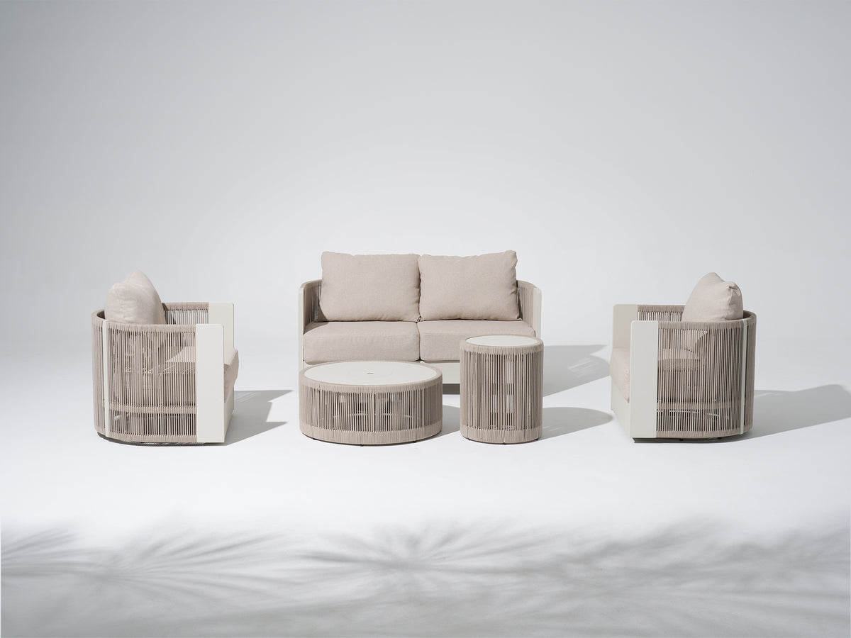 Irati 5-Piece Modern Aluminum and Rope Outdoor Loveseat Set, Oyster White