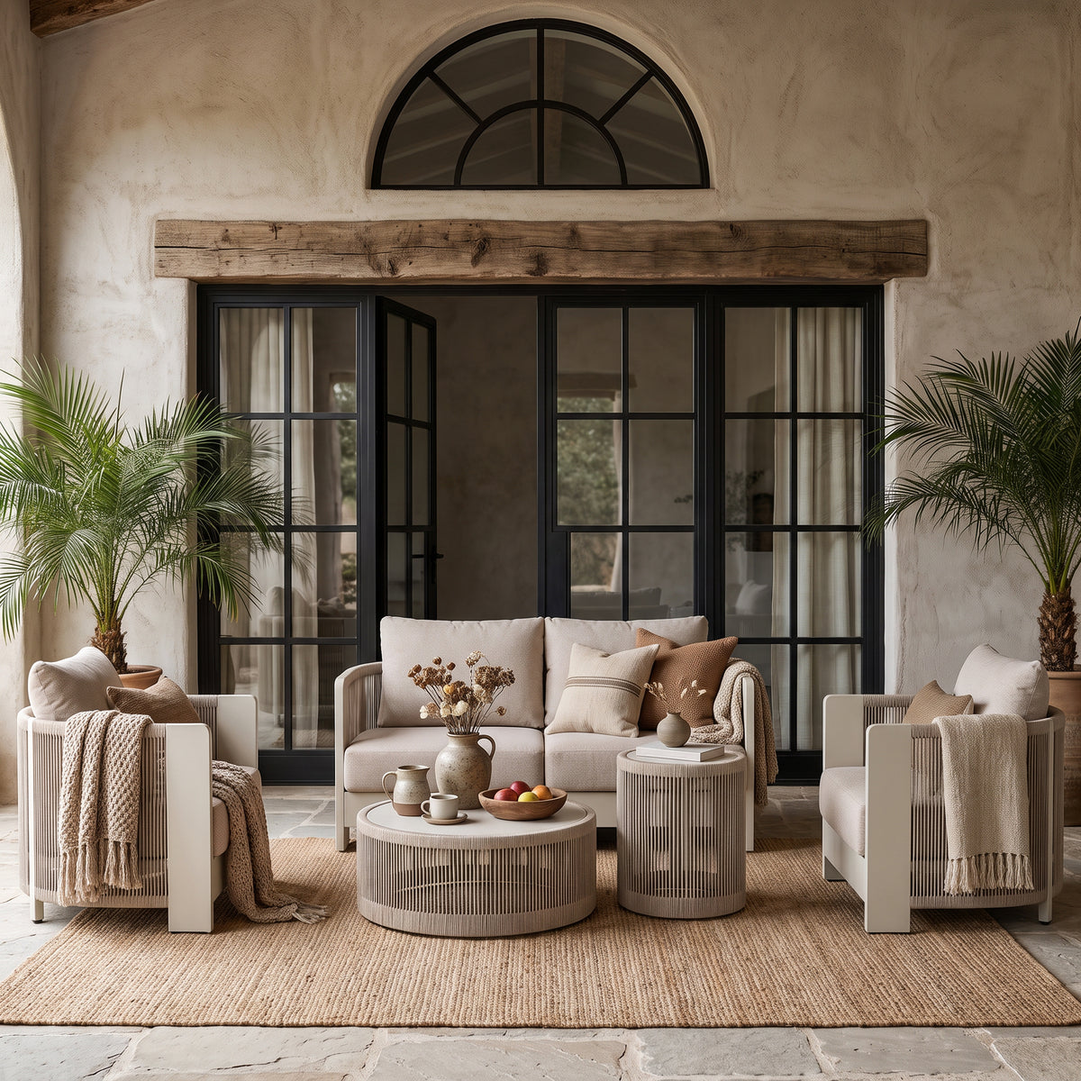 Irati 5-Piece Modern Aluminum and Rope Outdoor Loveseat Set, Oyster White