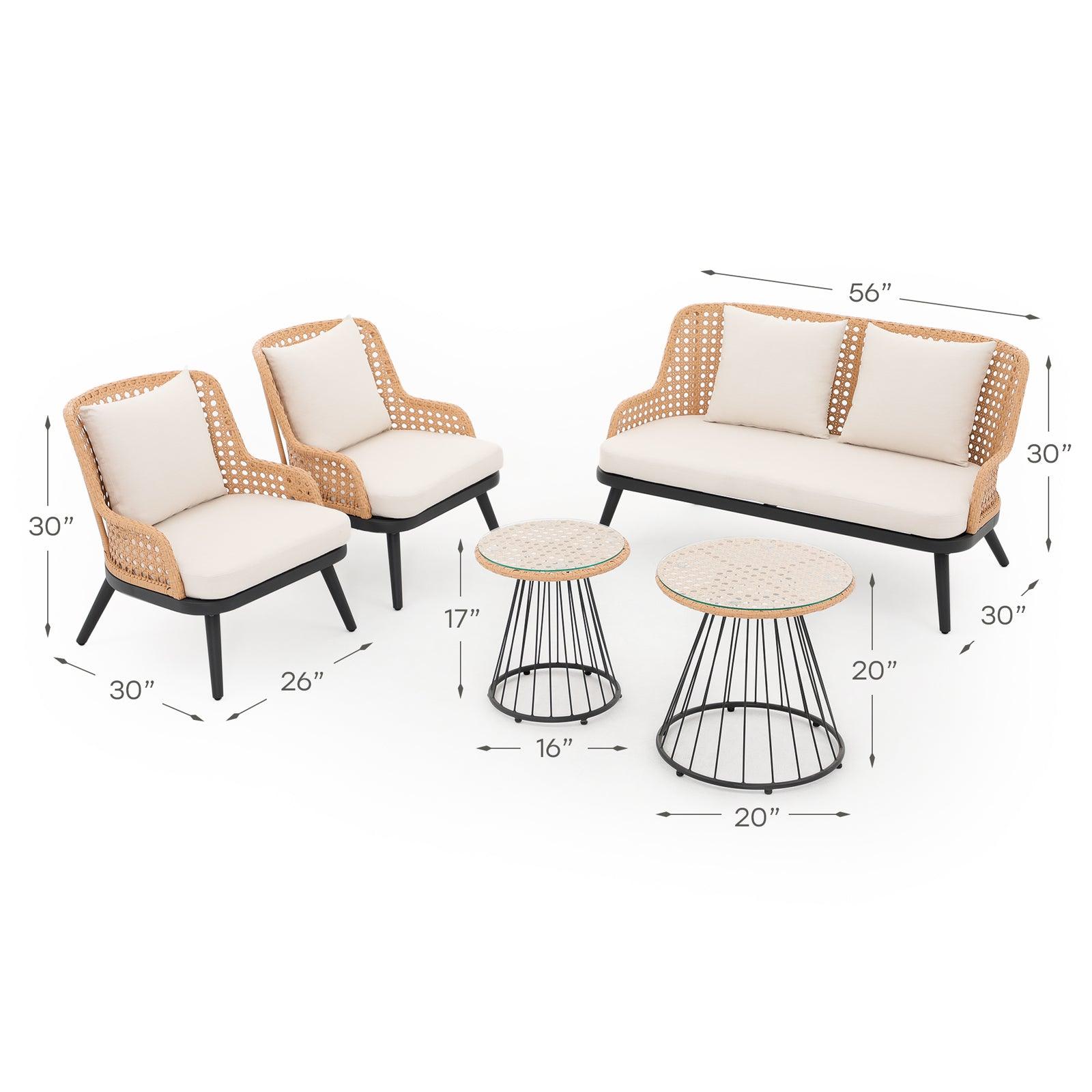 Menorca Outdoor Seating Set, One Loveseat, Two Lounge Chair, Two Coffee Tables, Yellow Wicker, White Cushions, Dimension Information -Jardina Furniture