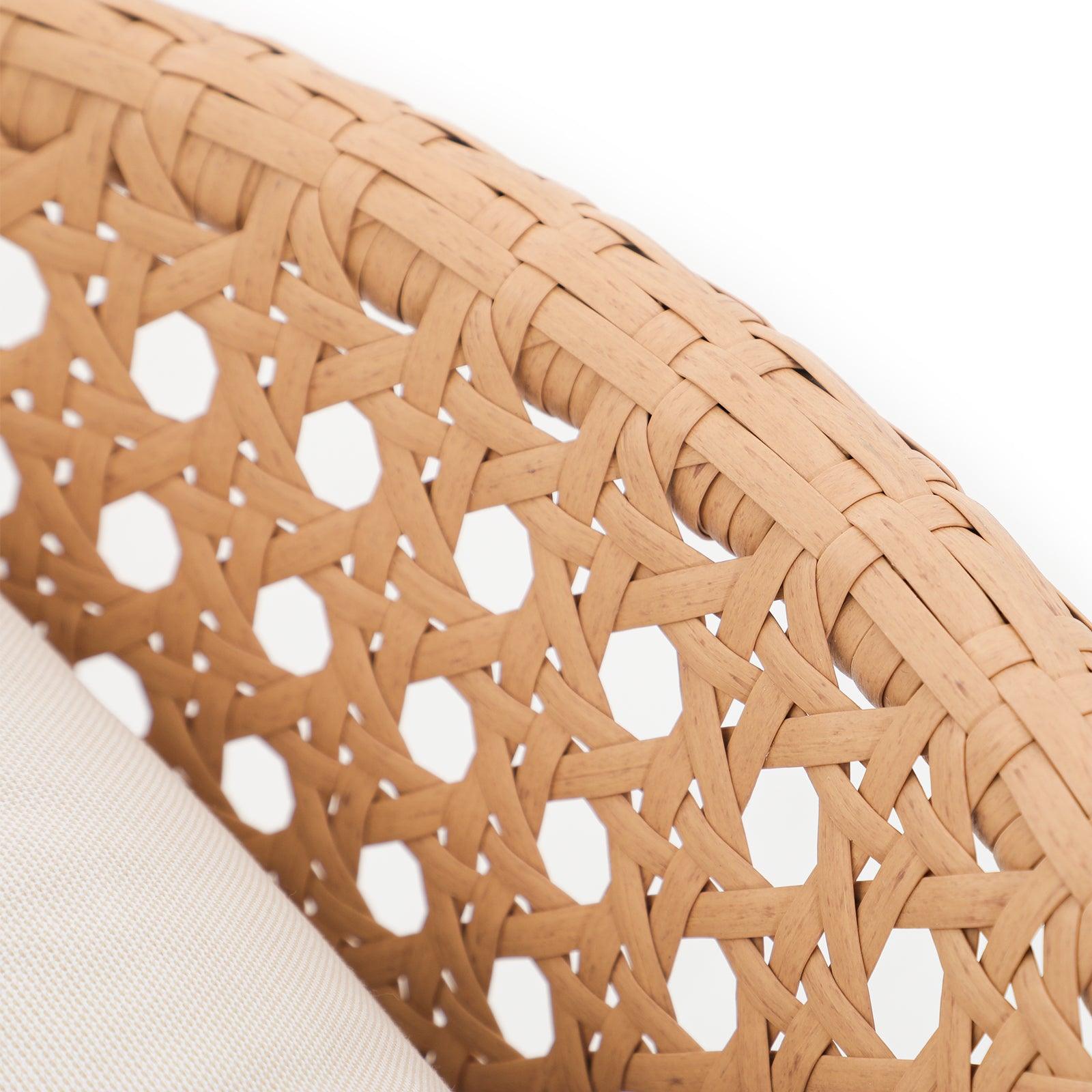 Menorca Lounge chair with unique rattan cane webbing design, backrest close-up- Jardina Furniture