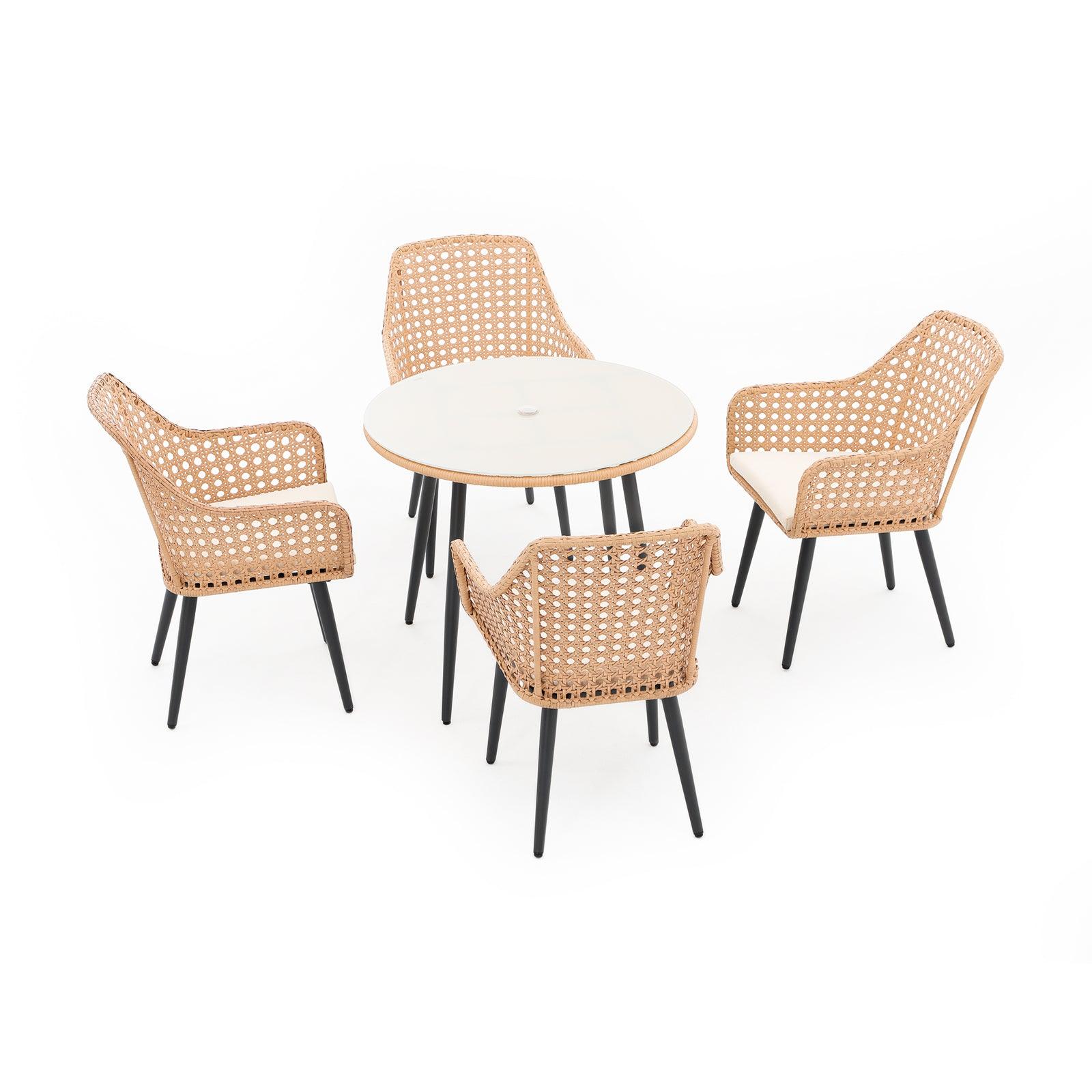 Menorca Modern Wicker Outdoor Dining Set for 4, Round Shape, Tempered Glass, White Cushions- Jardina Furniture