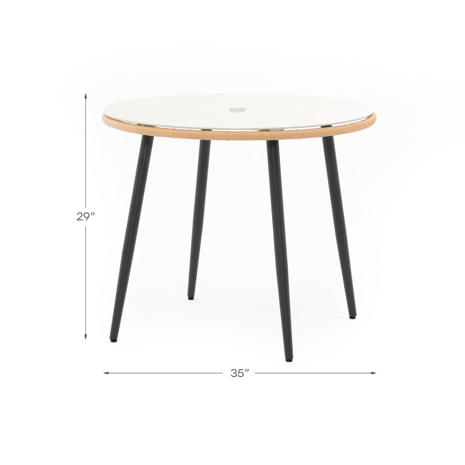 Menorca Dining Table, Round Shape, Wicker Design, Tempered Glass, Dimension Information- Jardina Furniture