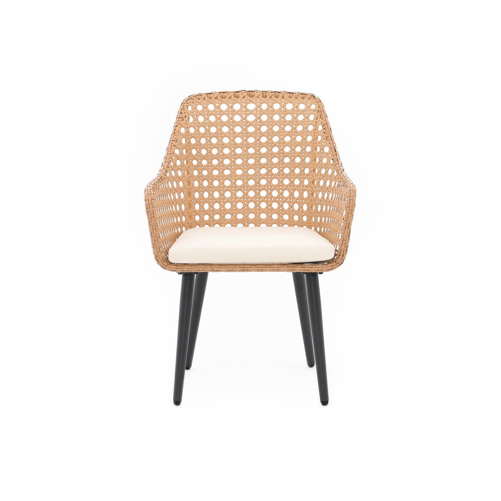 Menorca Modern Wicker Outdoor Dining Chair, Yellow Rattan, Steel Frame, White Cushions, Front View- Jardina Furniture