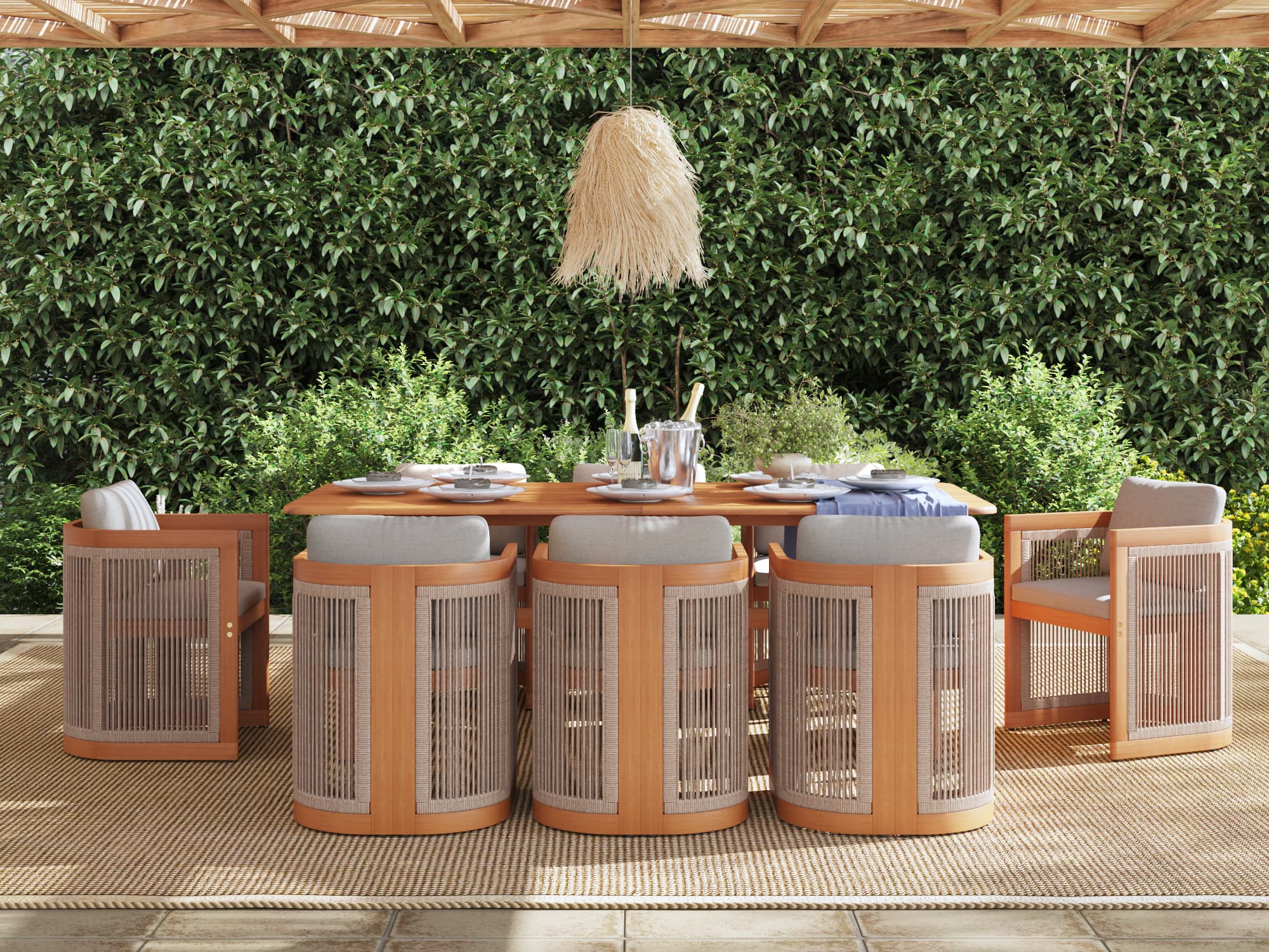 Mori Wooden Outdoor Dining Set with Cording Chairs for 6-8 People, 86.6" table, Solid Side Panel Legs