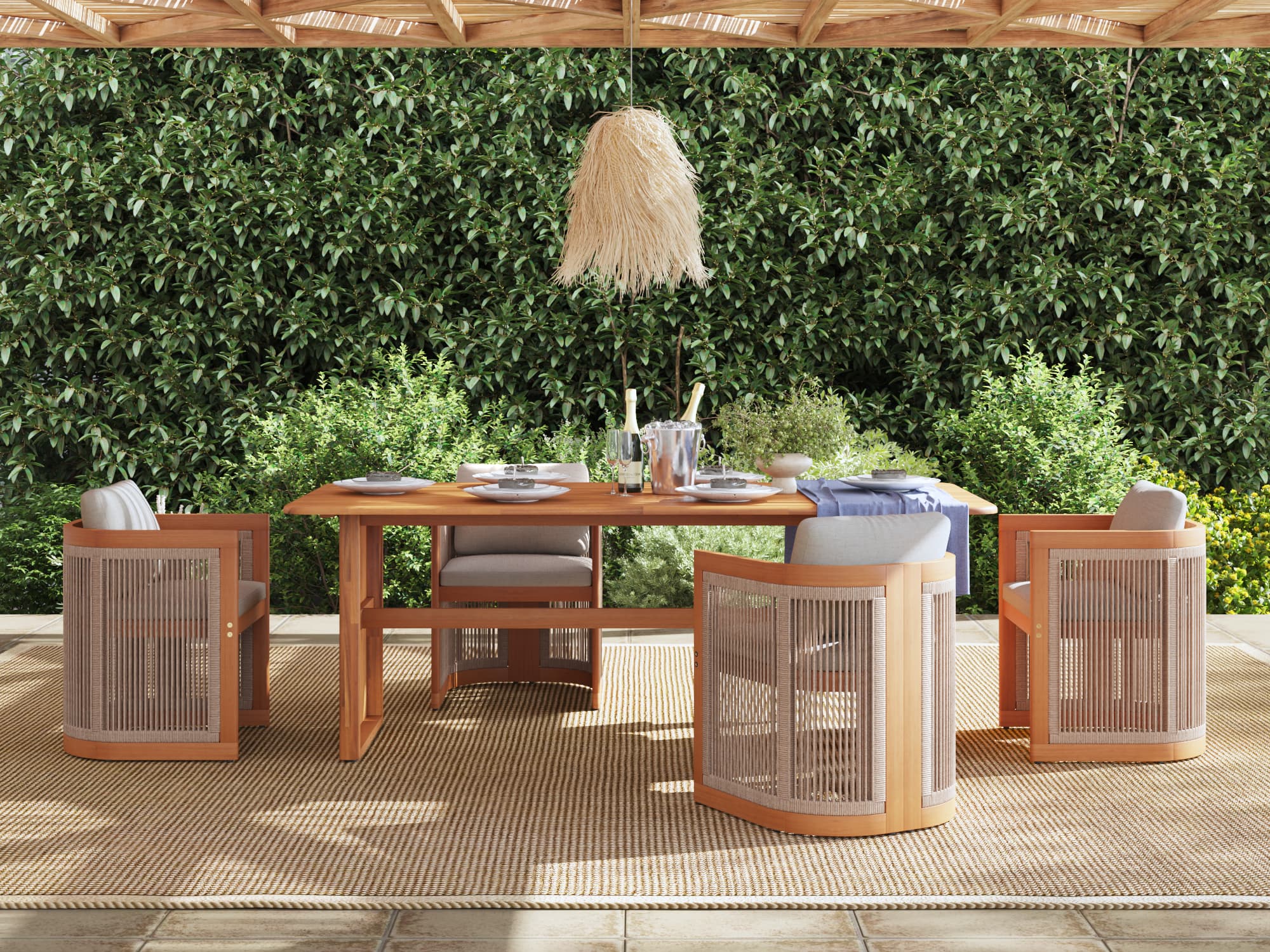 Mori Wooden Outdoor Dining Set with Cording Chairs for 6-8 People, 86.6" table, Solid Side Panel Legs