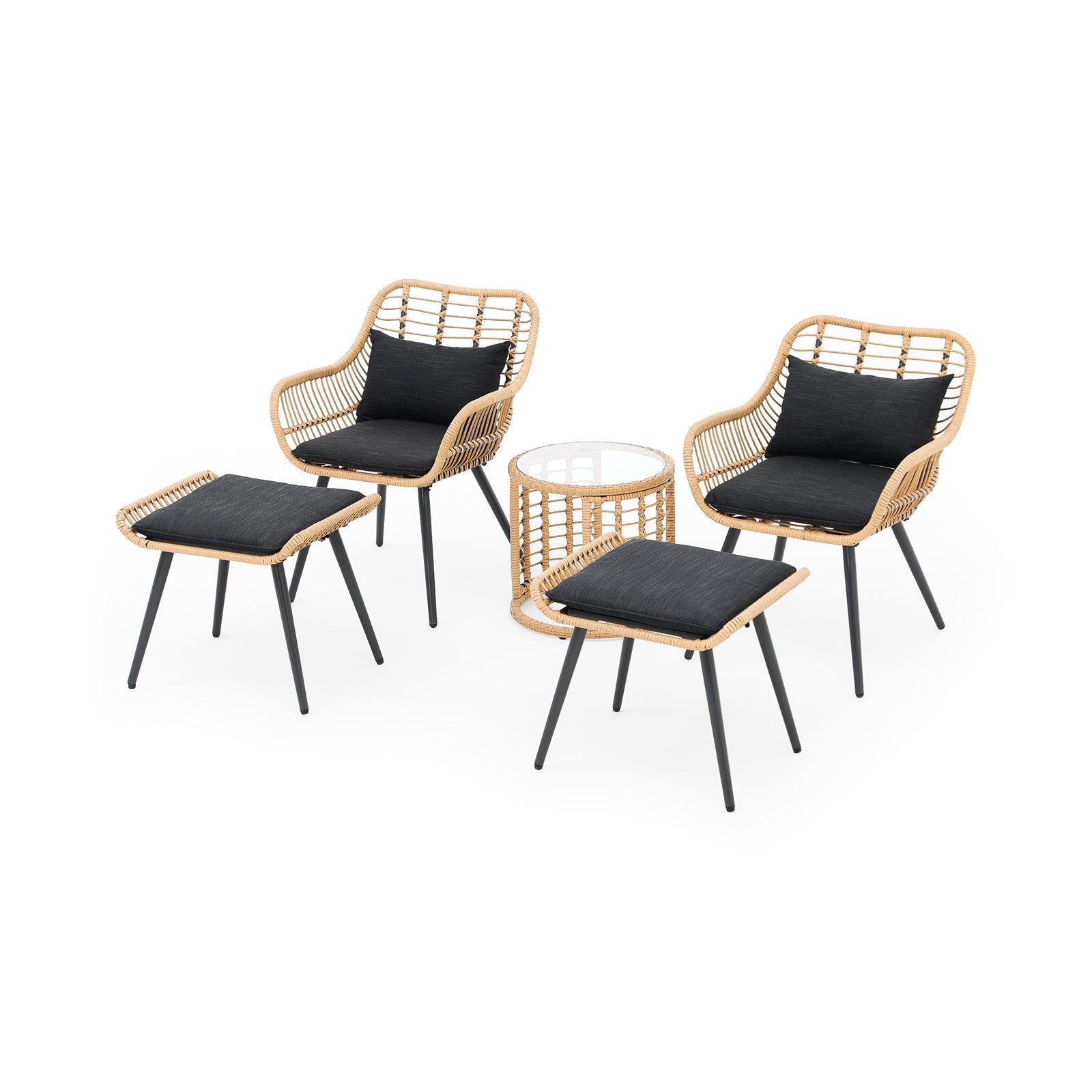 Oia Modern Wicker Outdoor Furniture, 5 Piece Natural Patio Bistro Set with black cushions, two bistro chairs with ottomans, one round bistro table,  side view- Jardina Furniture#Color_Black