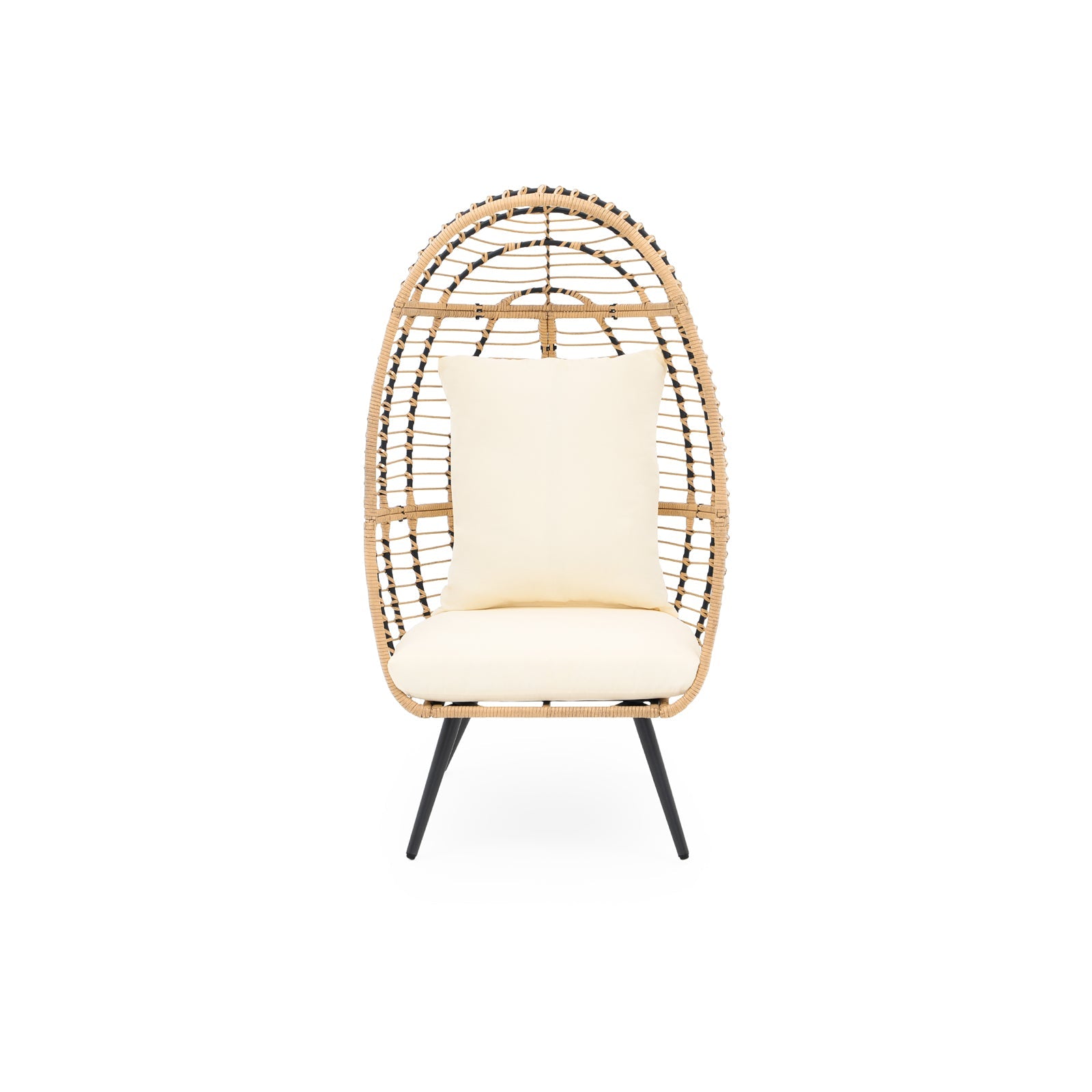 Oia Modern Wicker Outdoor Furniture, Egg Chair with 4 metal legs stands, Natural Rattan Design, white seat and back cushions, front view - Jardina Furniture