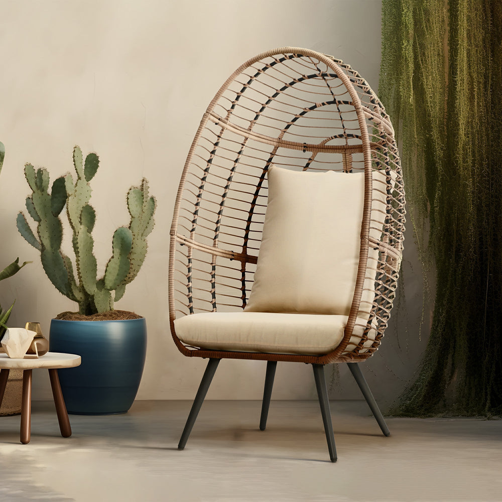 Natural Wicker Outdoor Egg Chair with Stand, 4 Metal Legs Jardina