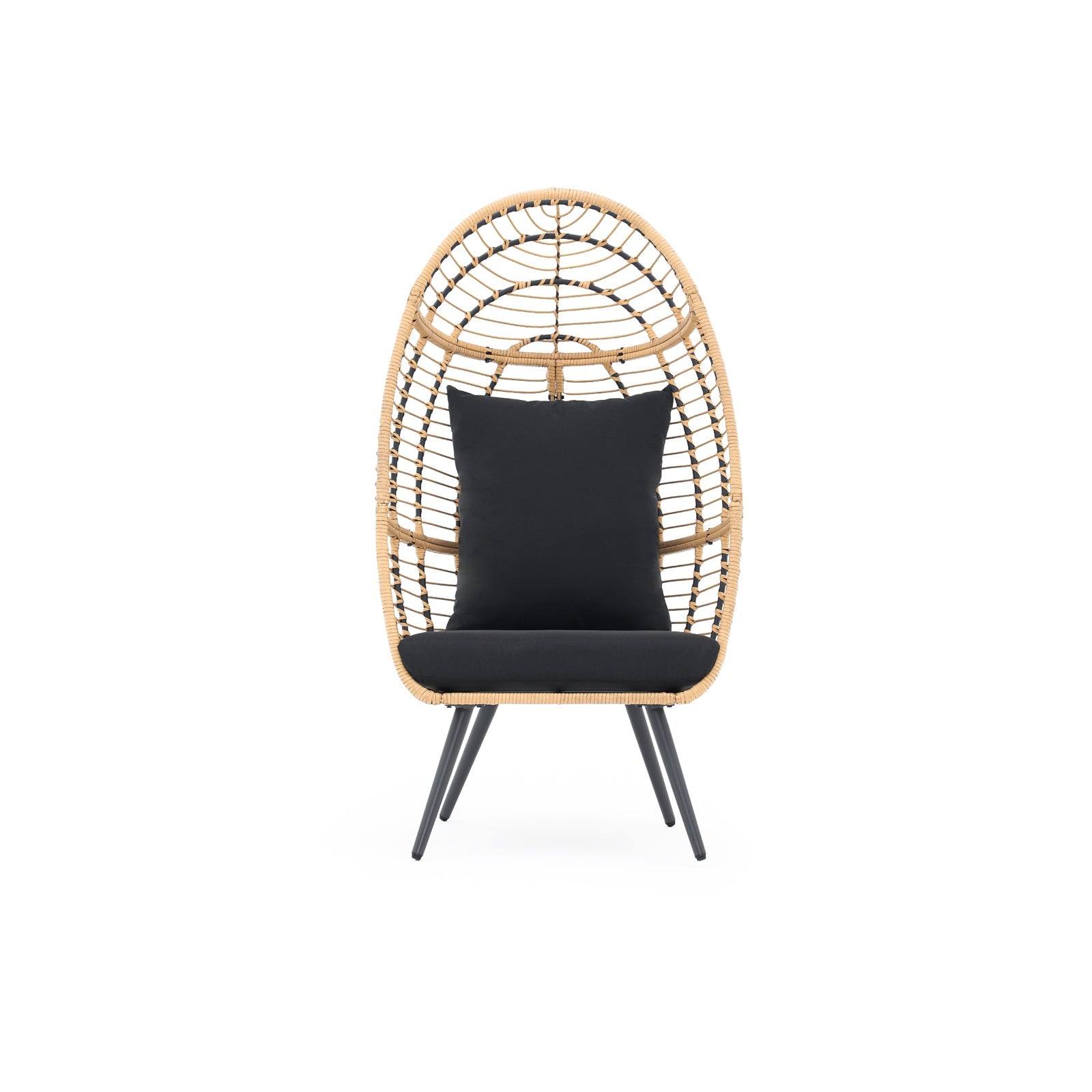 Oia Egg Chair with 4 metal legs stands, Natural Rattan Design, black seat and back cushions, front view - Jardina Furniture