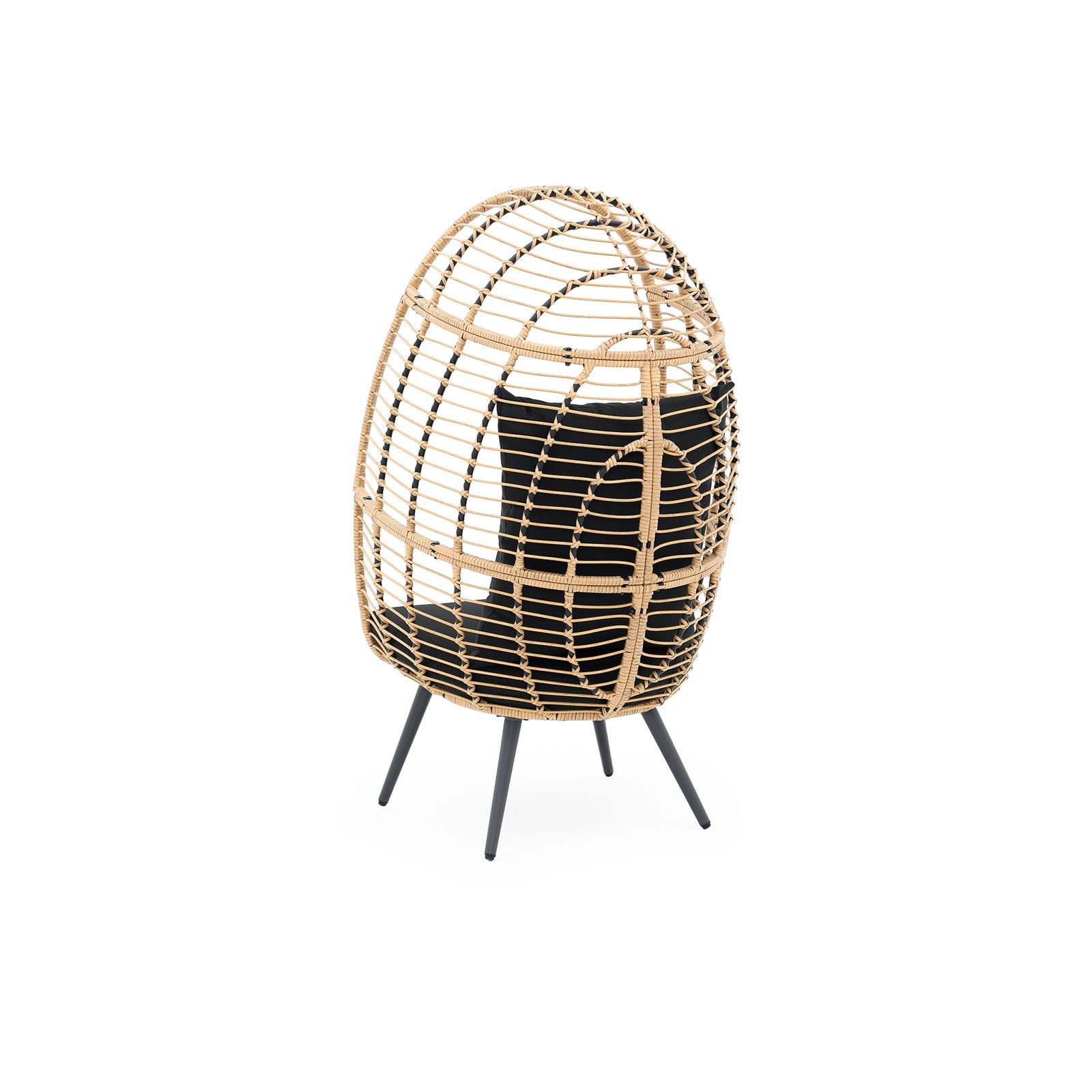 Oia Egg Chair with 4 metal legs stands, Natural Rattan Design, black seat and back cushions, back view - Jardina FurnitureColor_Black