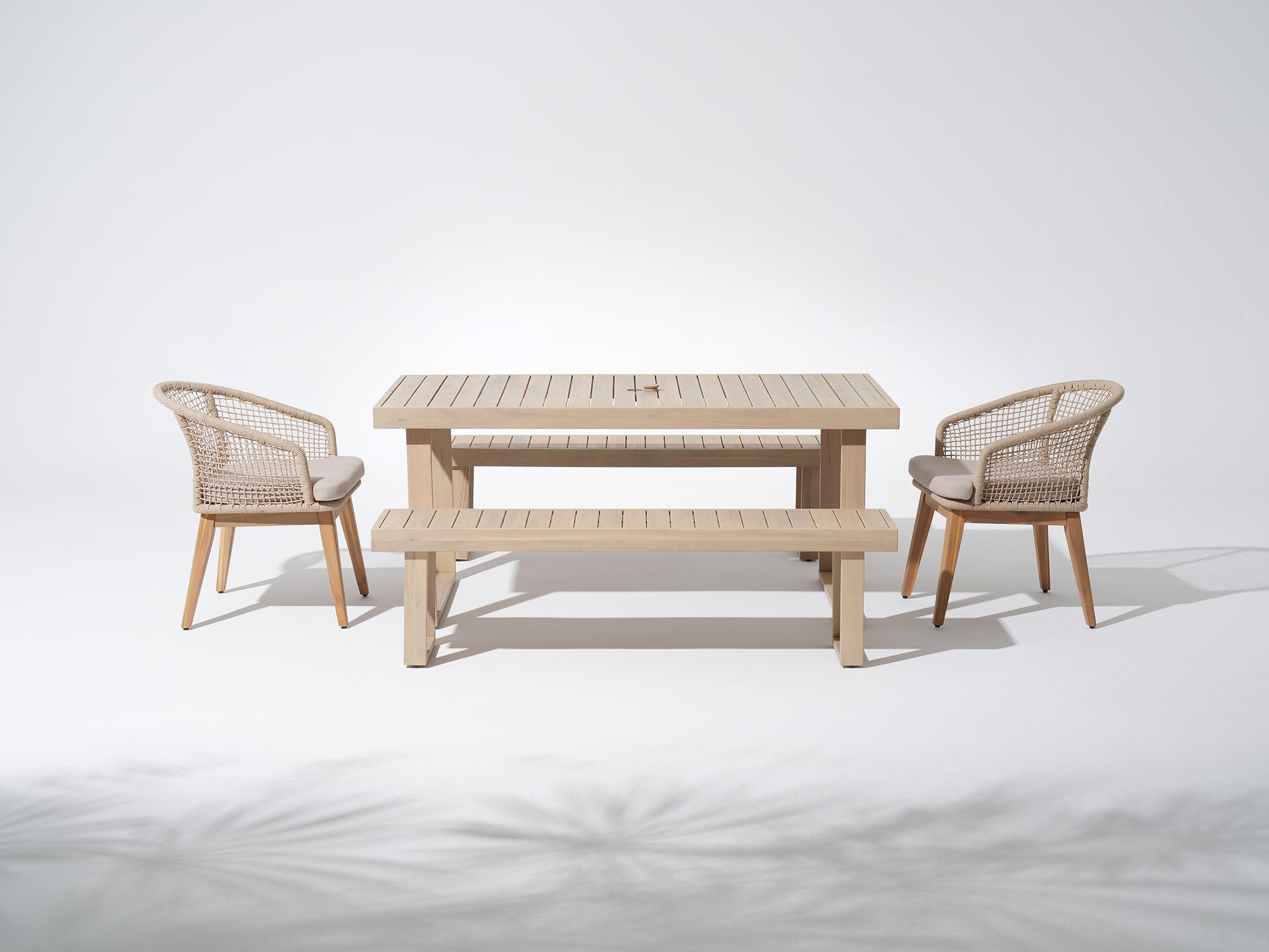 Noto Outdoor Acacia Dining Set with Checkerboard Woven Chairs & Bench, Umbrella Hole for 4-6 People, 67" Sled-Leg